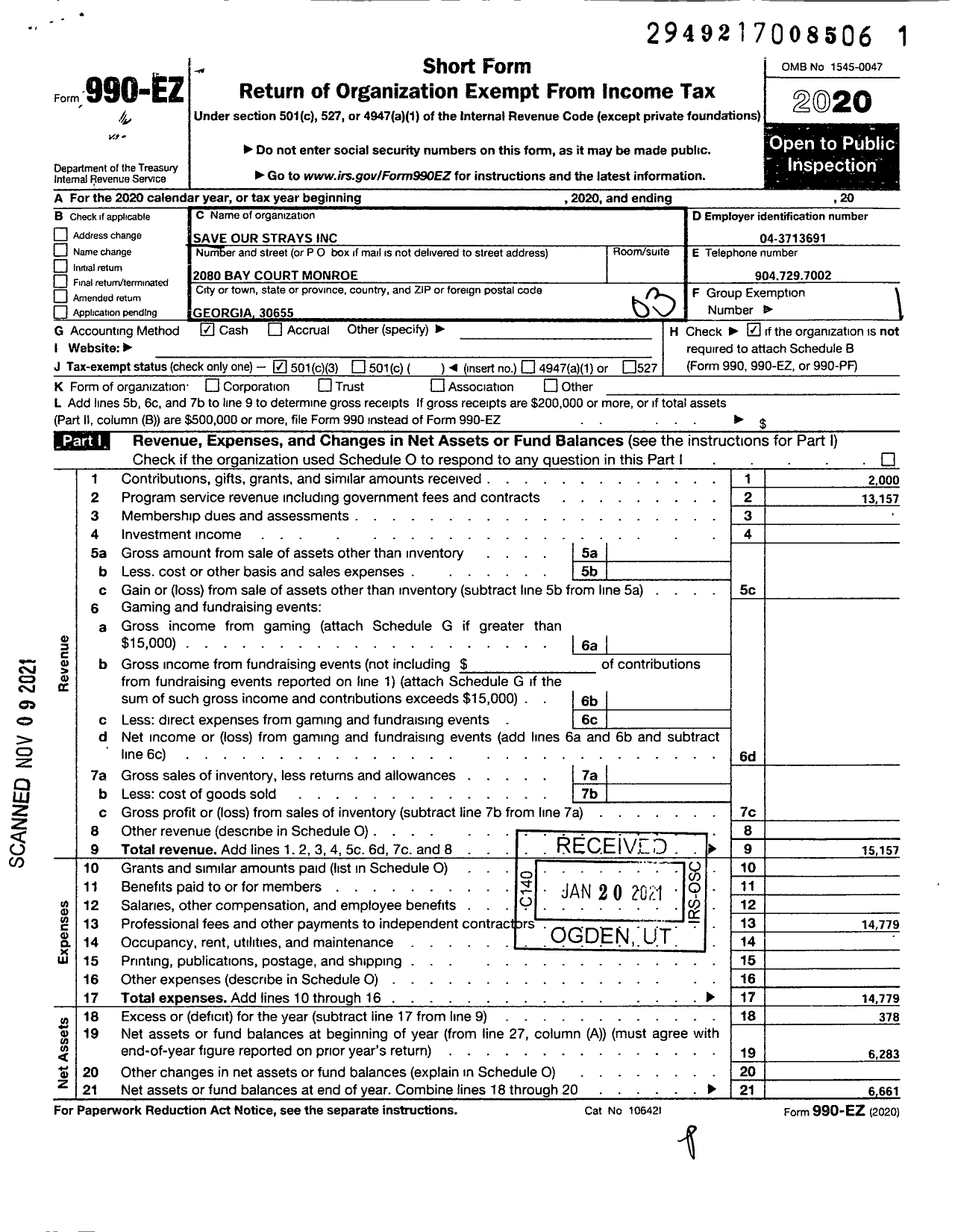 Image of first page of 2020 Form 990EZ for Save Our Strays (SOS)