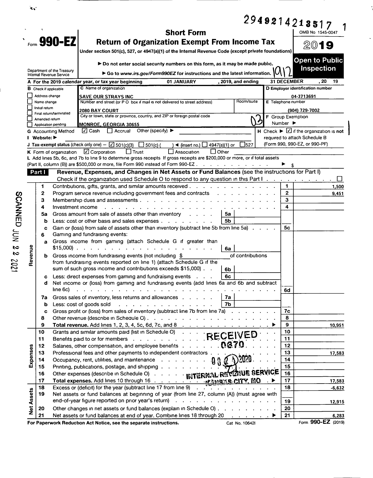 Image of first page of 2019 Form 990EZ for Save Our Strays (SOS)