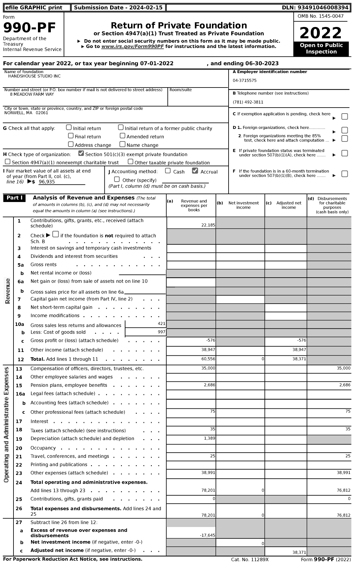 Image of first page of 2022 Form 990PF for Handshouse Studio