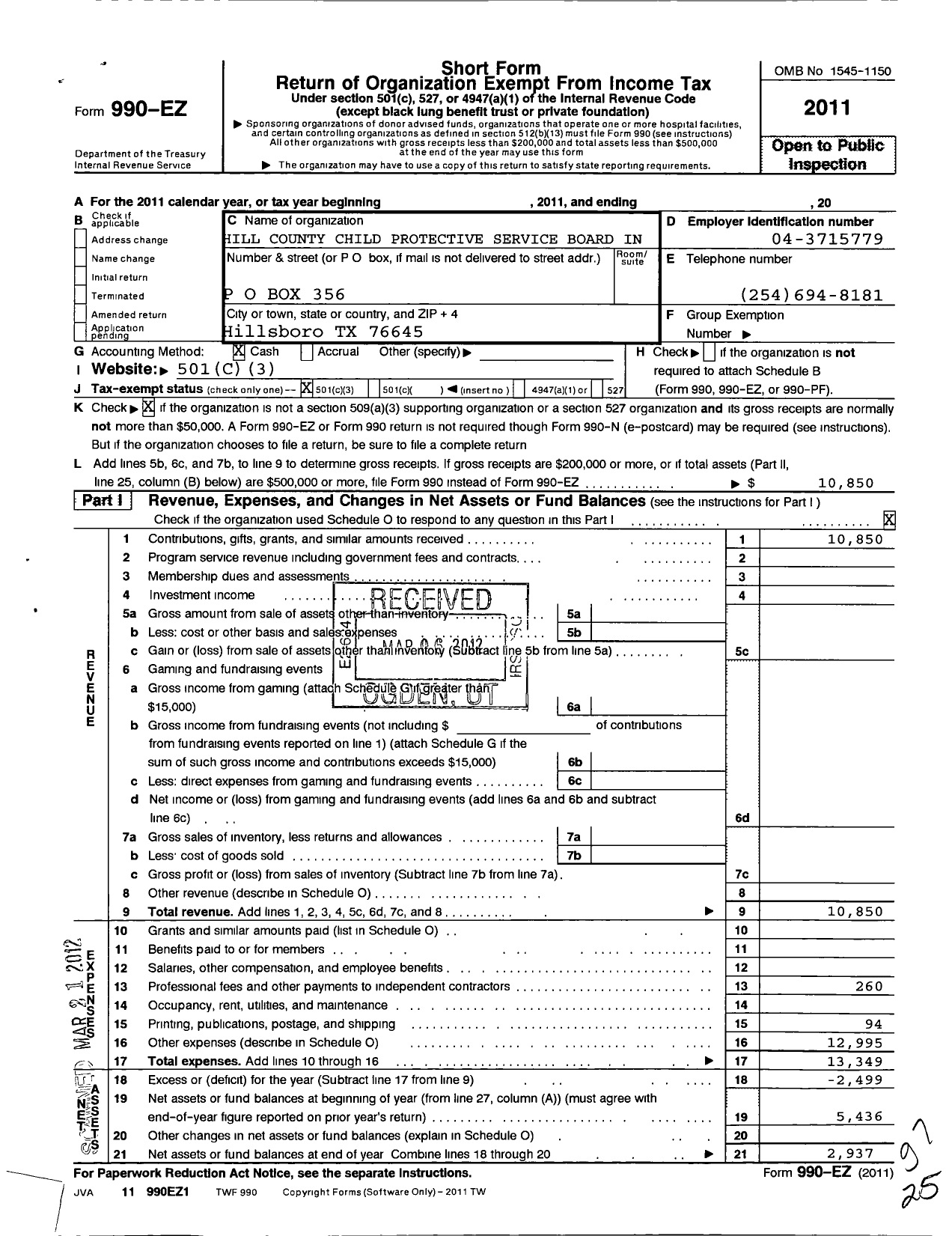 Image of first page of 2011 Form 990EZ for Hill County Child Protective Services Board