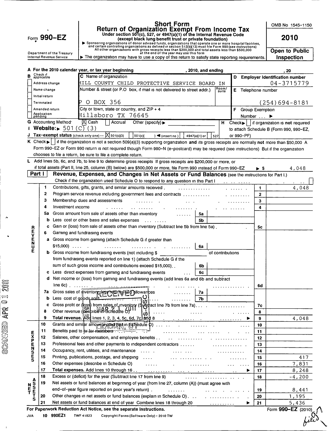 Image of first page of 2010 Form 990EZ for Hill County Child Protective Services Board