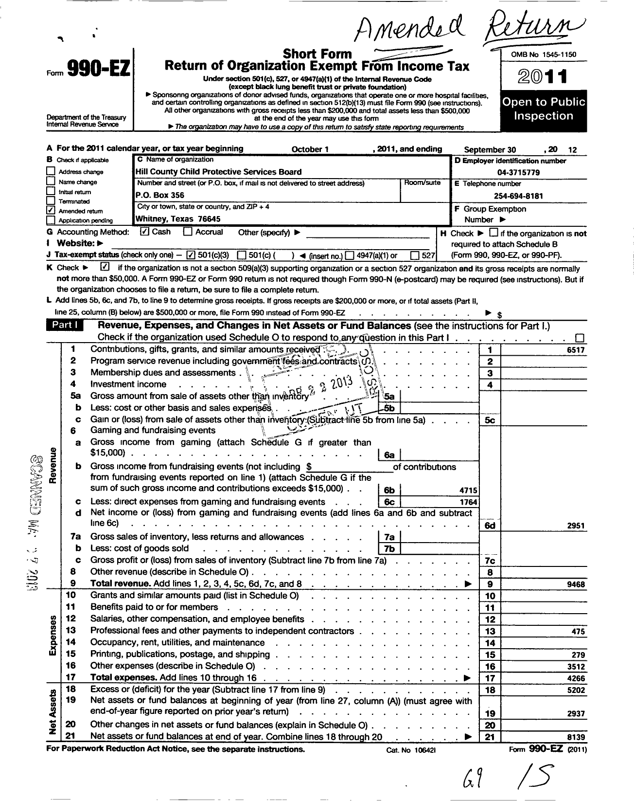 Image of first page of 2011 Form 990EZ for Hill County Child Protective Services Board