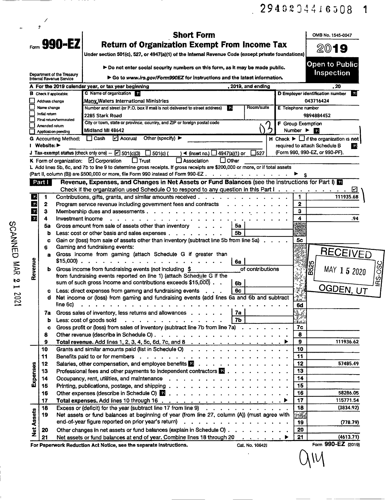 Image of first page of 2019 Form 990EZ for Many Waters International Ministries