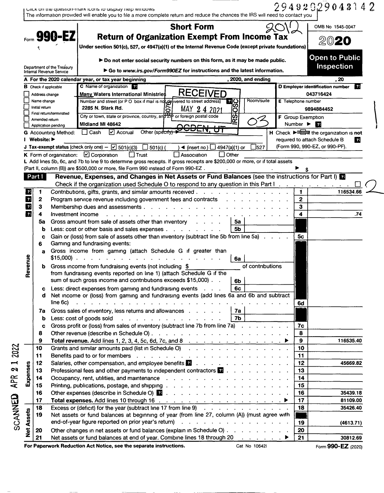 Image of first page of 2020 Form 990EZ for Many Waters International Ministries