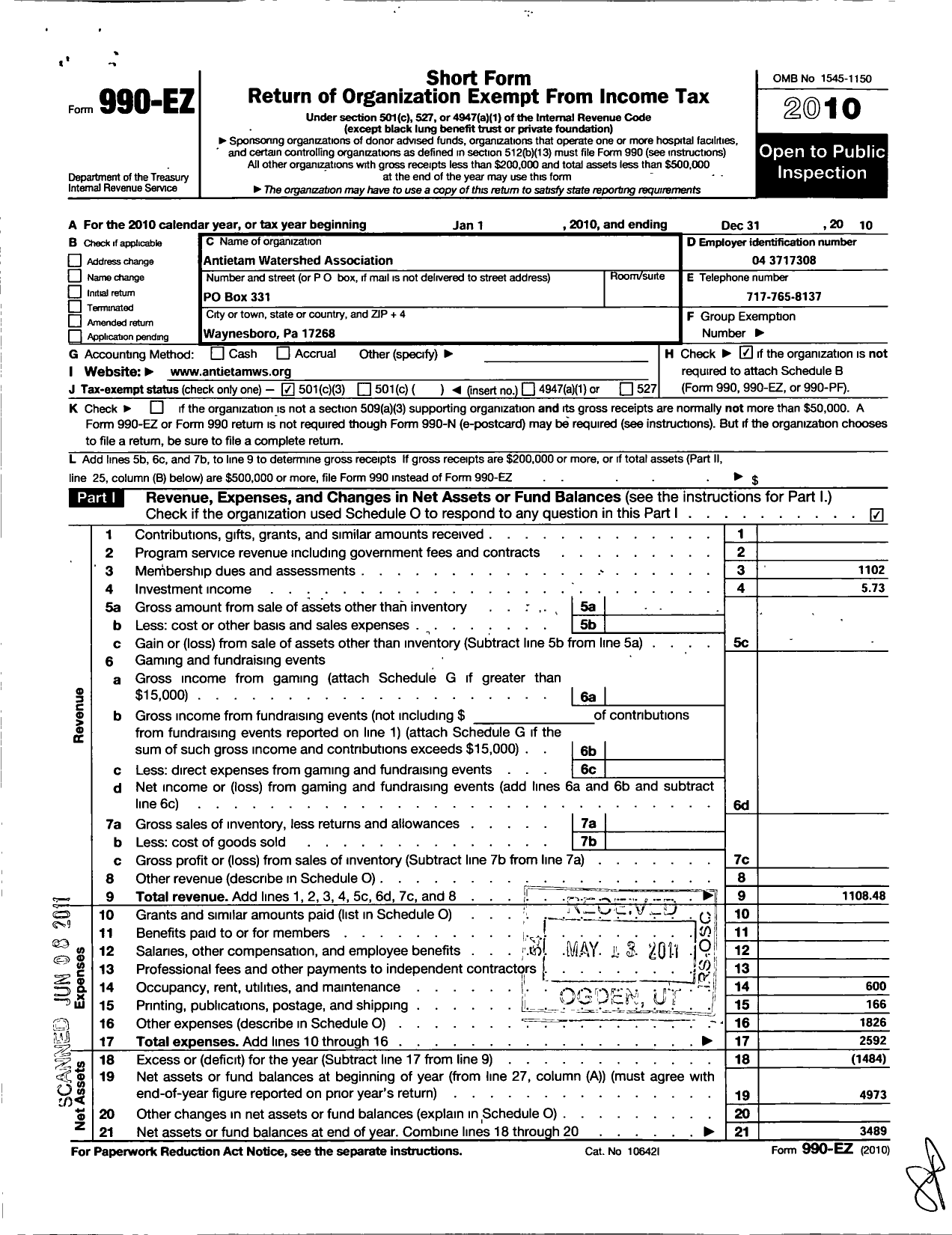 Image of first page of 2010 Form 990EZ for Antietam Watershed Association