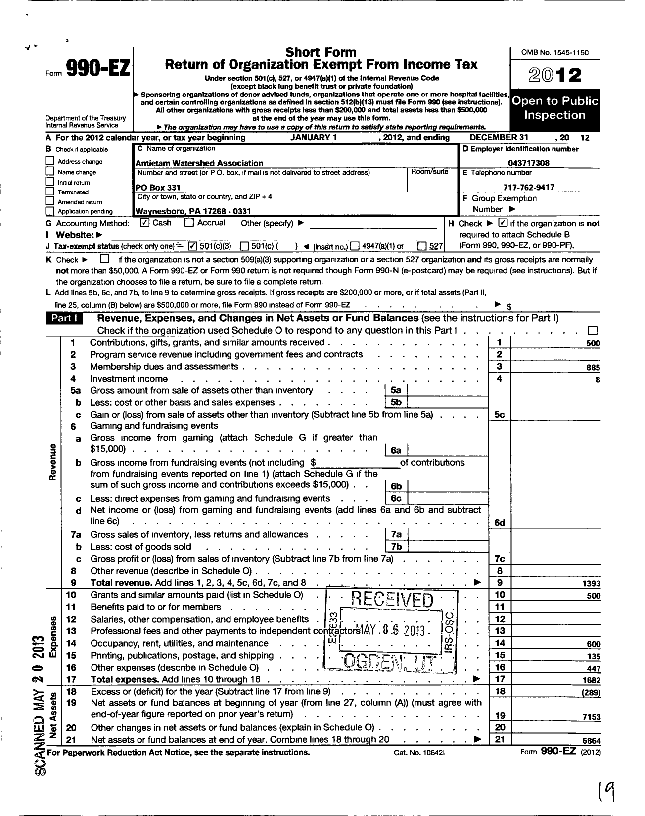 Image of first page of 2012 Form 990EZ for Antietam Watershed Association