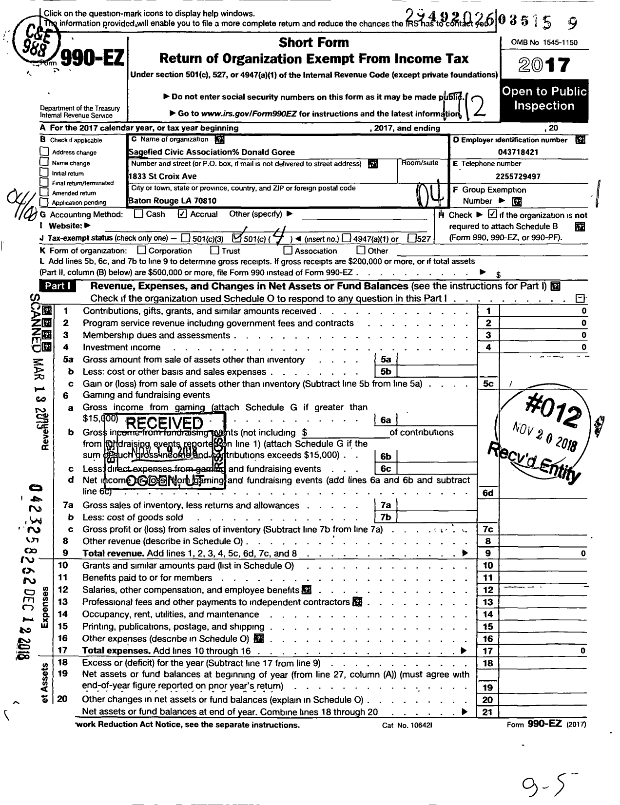 Image of first page of 2017 Form 990EO for Sagefield Homeowners Association