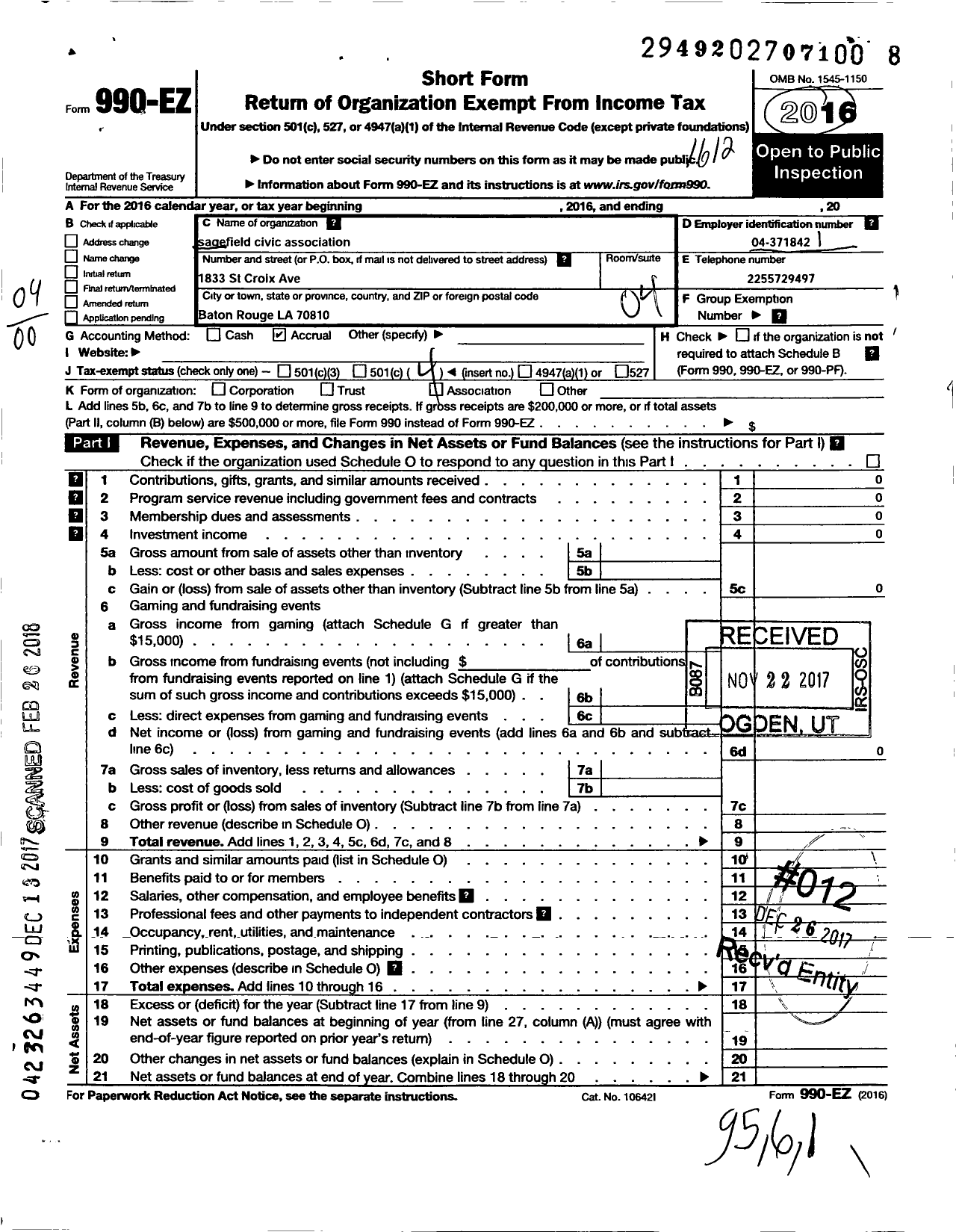 Image of first page of 2016 Form 990EO for Sagefield Homeowners Association