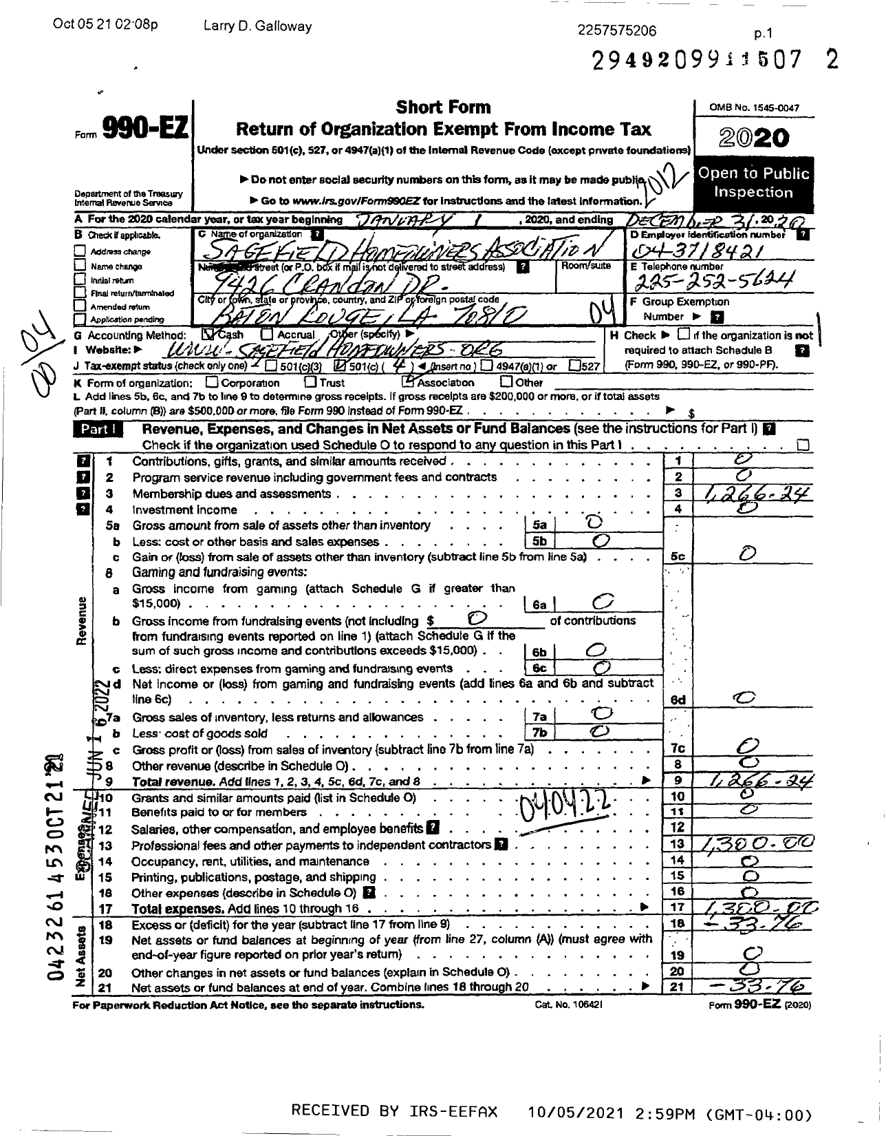 Image of first page of 2020 Form 990EO for Sagefield Homeowners Association