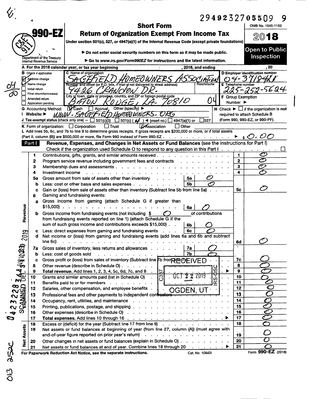 Image of first page of 2018 Form 990EO for Sagefield Homeowners Association