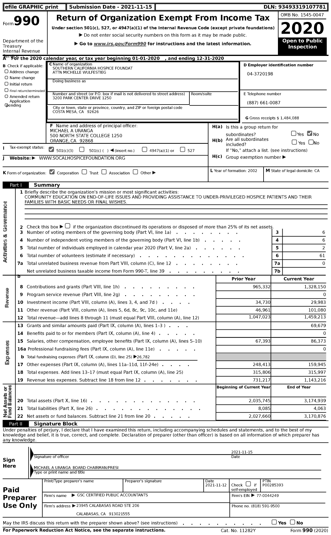 Image of first page of 2020 Form 990 for Southern California Hospice Foundat Attn Michelle Wulfestieg