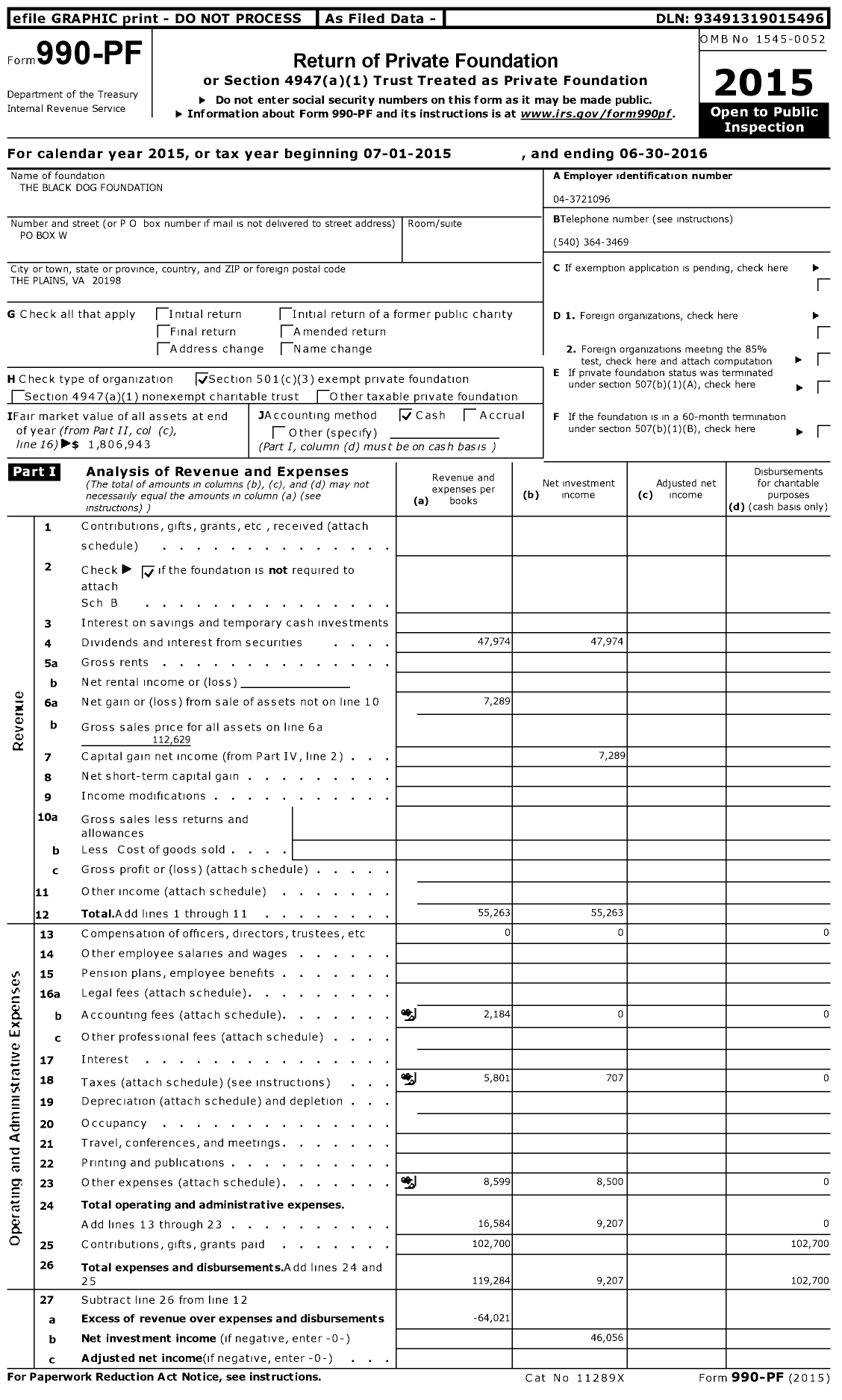 Image of first page of 2015 Form 990PF for The Black Dog Foundation