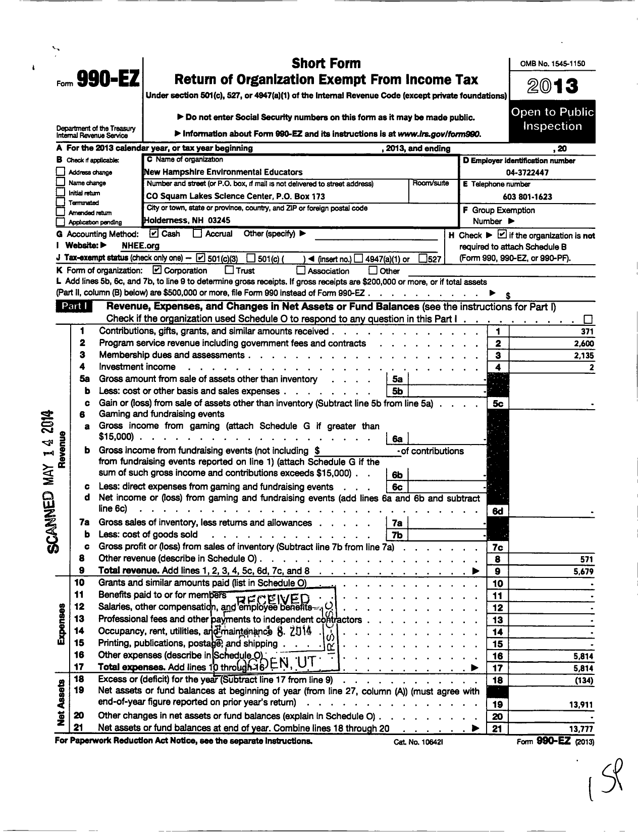 Image of first page of 2013 Form 990EZ for New Hampshire Environmental Educators