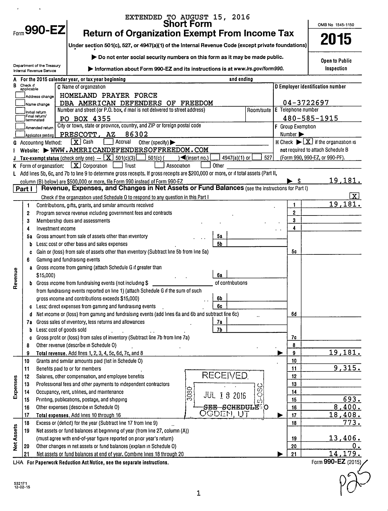 Image of first page of 2015 Form 990EZ for Glorious Reflections