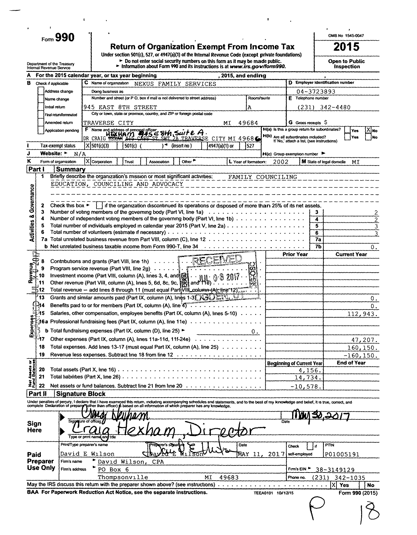 Image of first page of 2015 Form 990 for Nexus Family Services