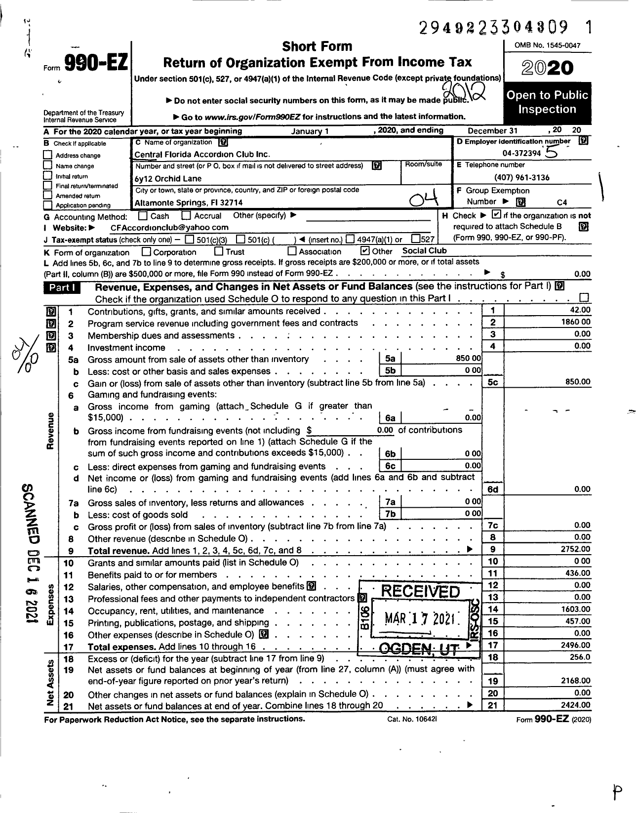 Image of first page of 2020 Form 990EO for Central Florida Accordion Club