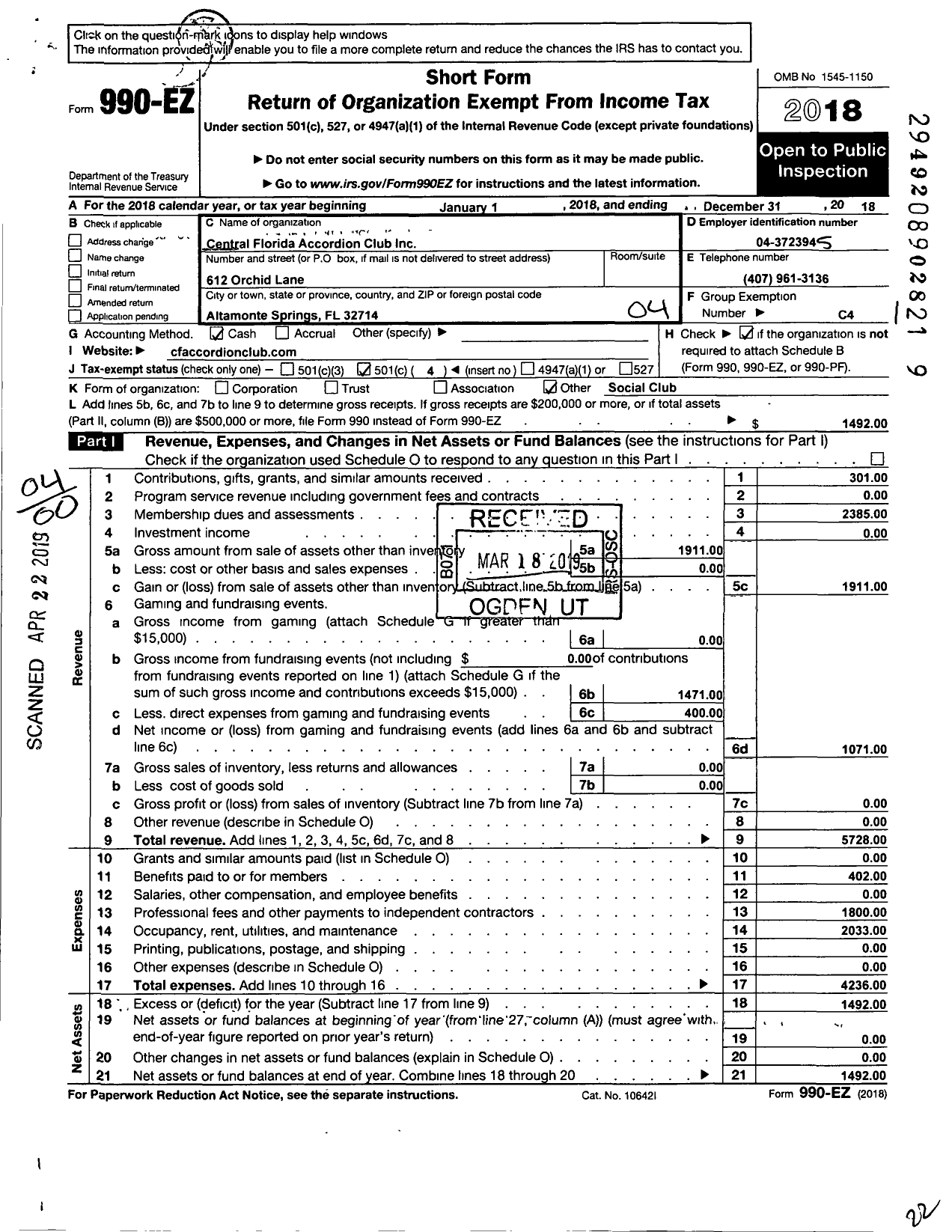 Image of first page of 2018 Form 990EO for Central Florida Accordion Club