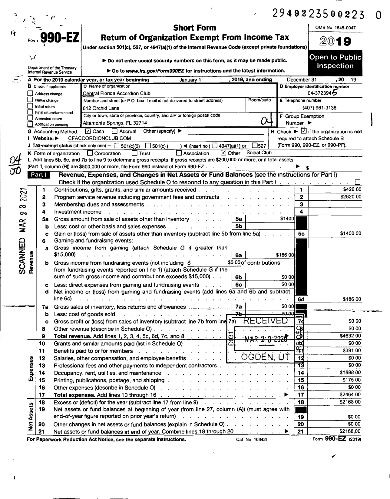 Image of first page of 2019 Form 990EO for Central Florida Accordion Club