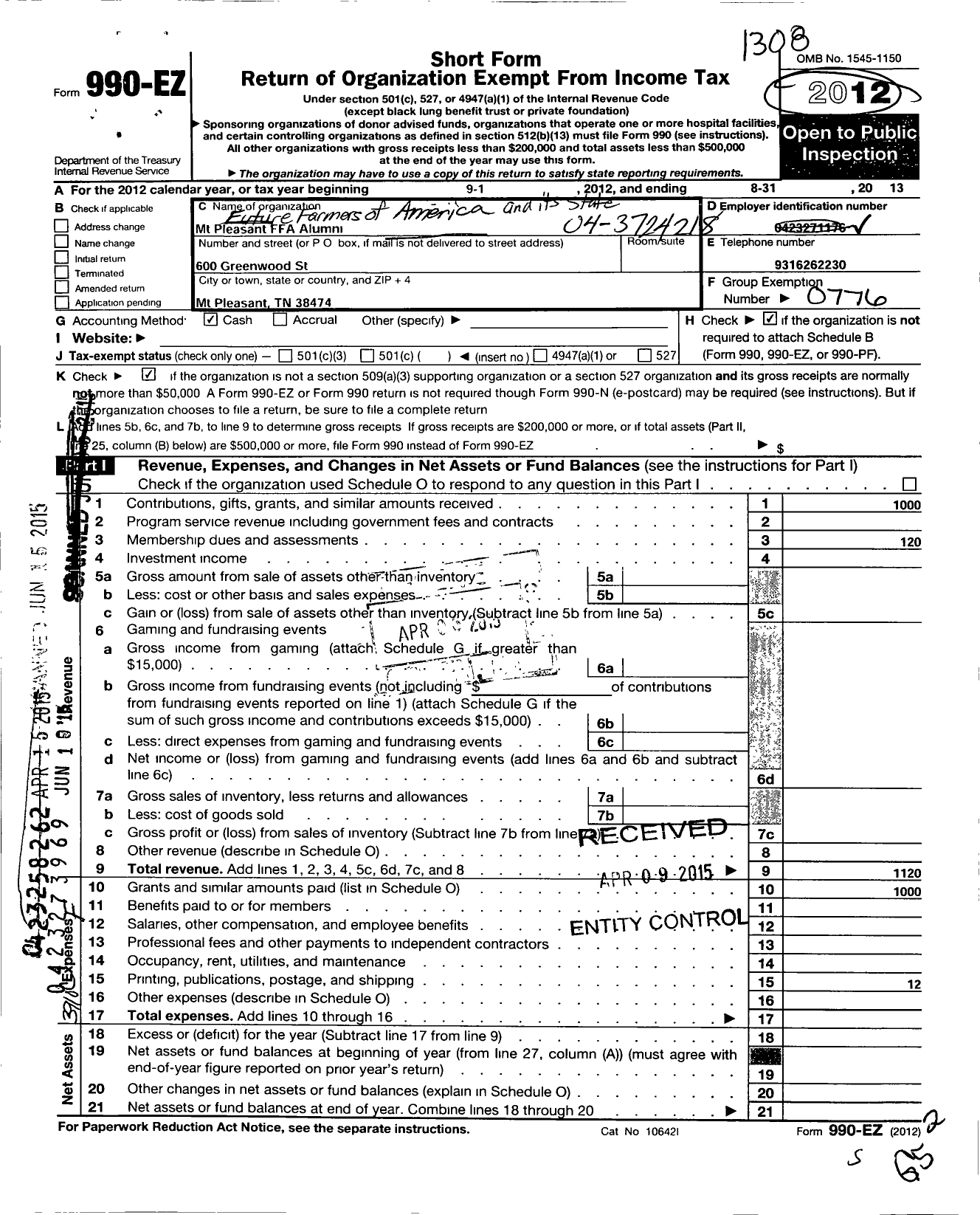 Image of first page of 2012 Form 990EO for Future Farmers of America - 41072 MT Pleasant Ffa Alumni