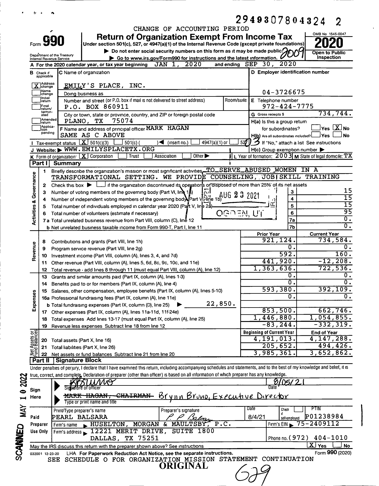 Image of first page of 2019 Form 990 for Emily's Place