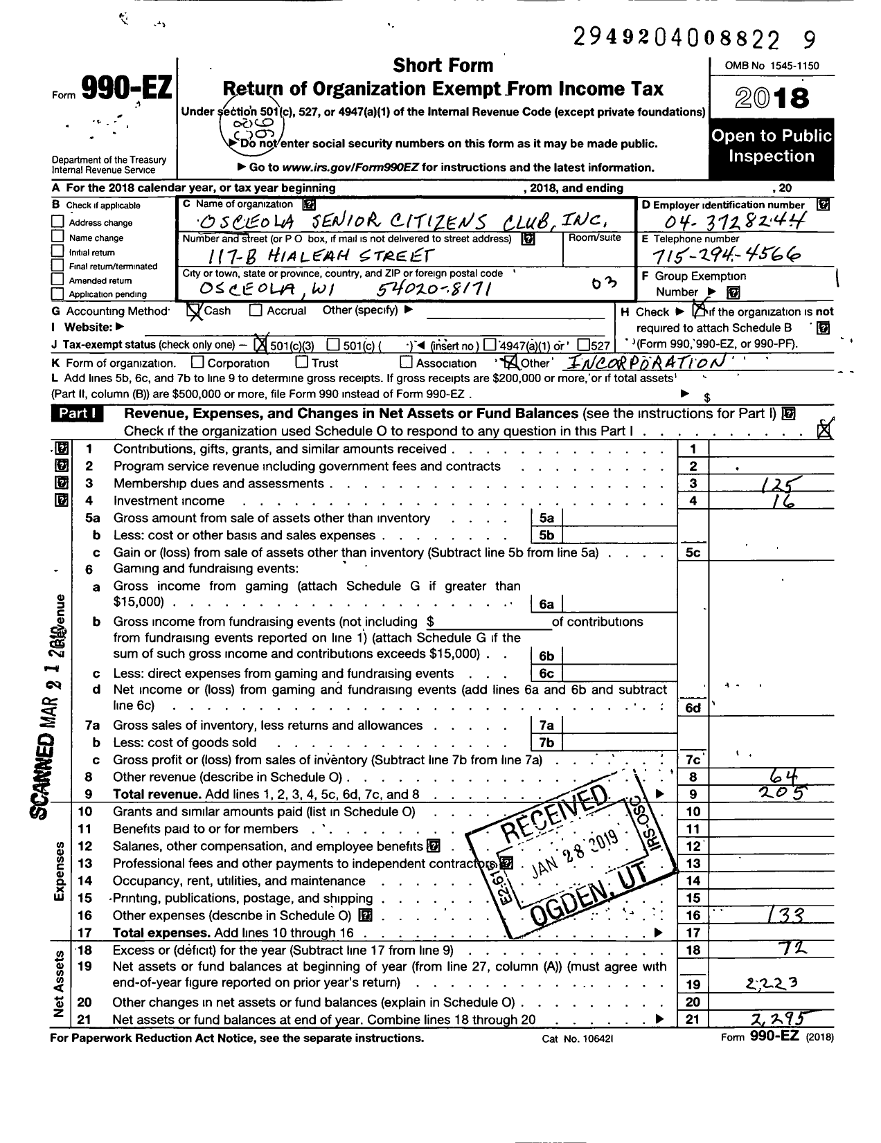 Image of first page of 2018 Form 990EZ for Osceola Senior Citizens Club