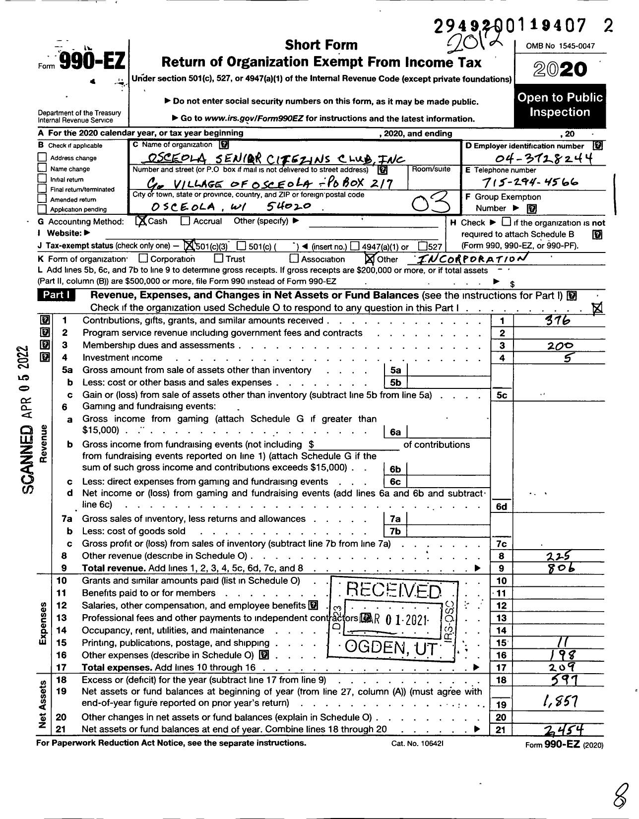 Image of first page of 2020 Form 990EZ for Osceola Senior Citizens Club