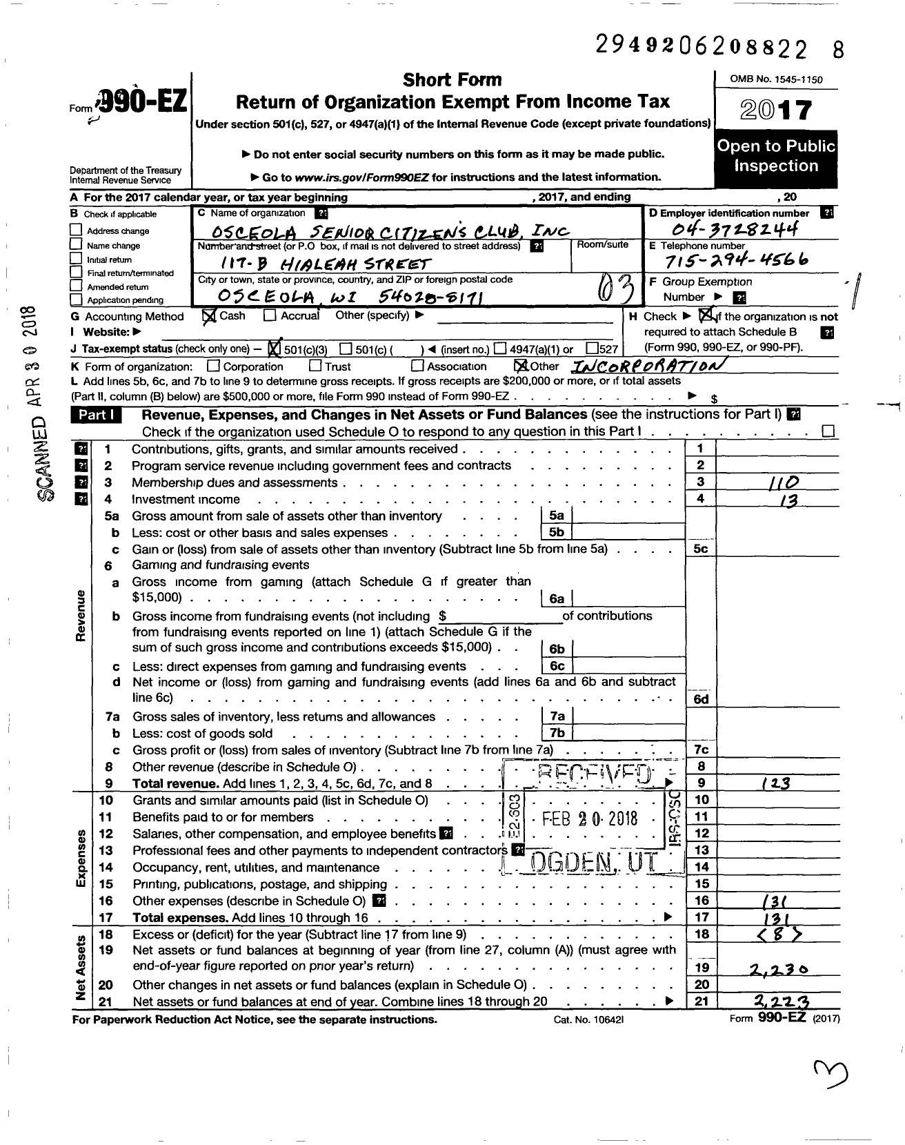 Image of first page of 2017 Form 990EZ for Osceola Senior Citizens Club