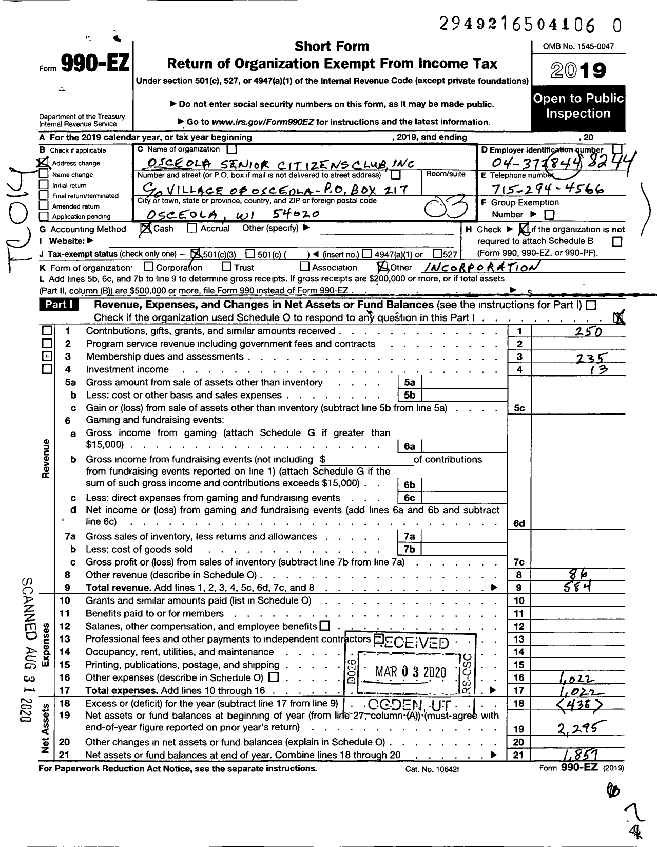 Image of first page of 2019 Form 990EZ for Osceola Senior Citizens Club