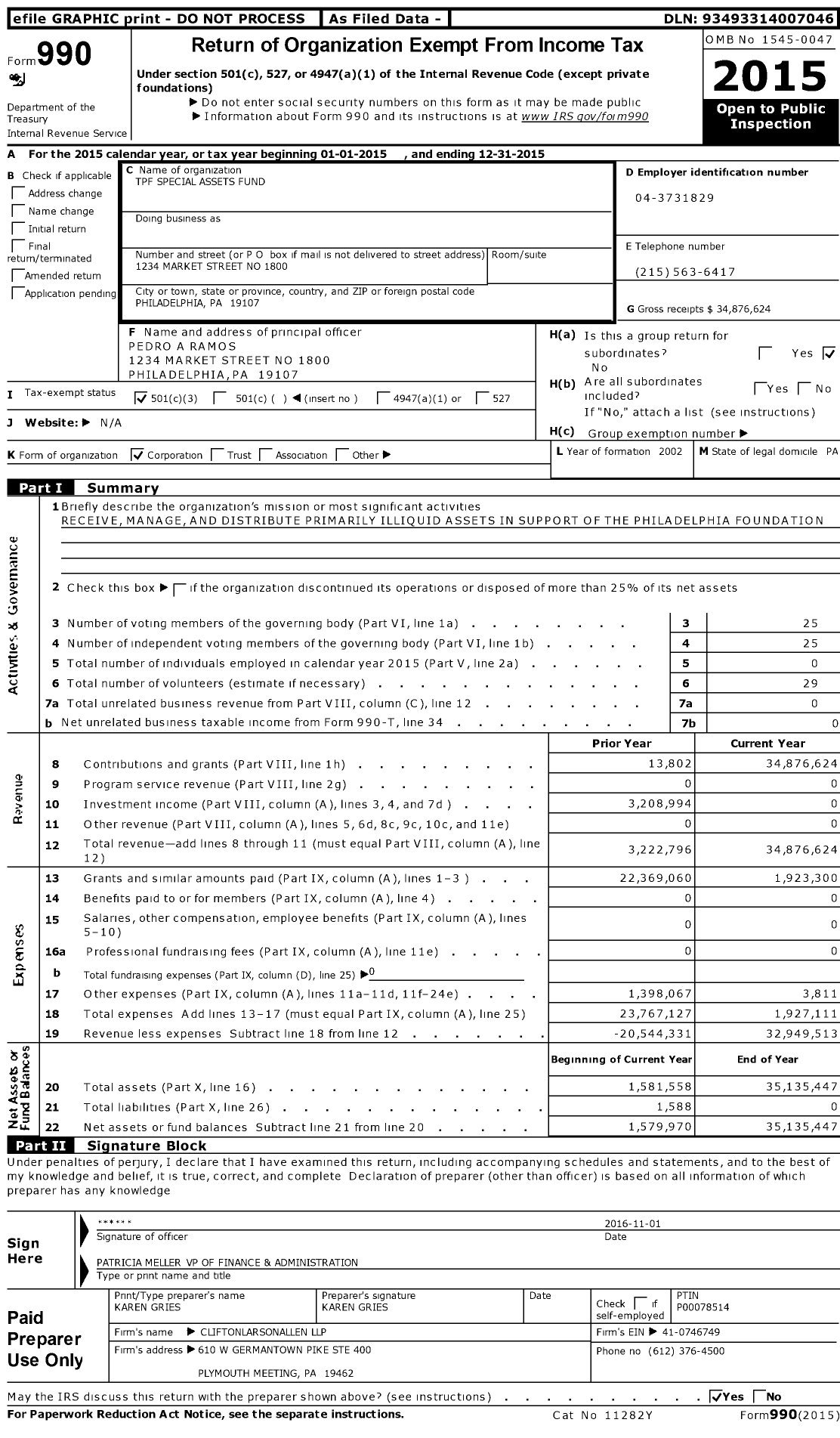 Image of first page of 2015 Form 990 for The Lenfest Institute for Journalism Special Asset Fund of TPF