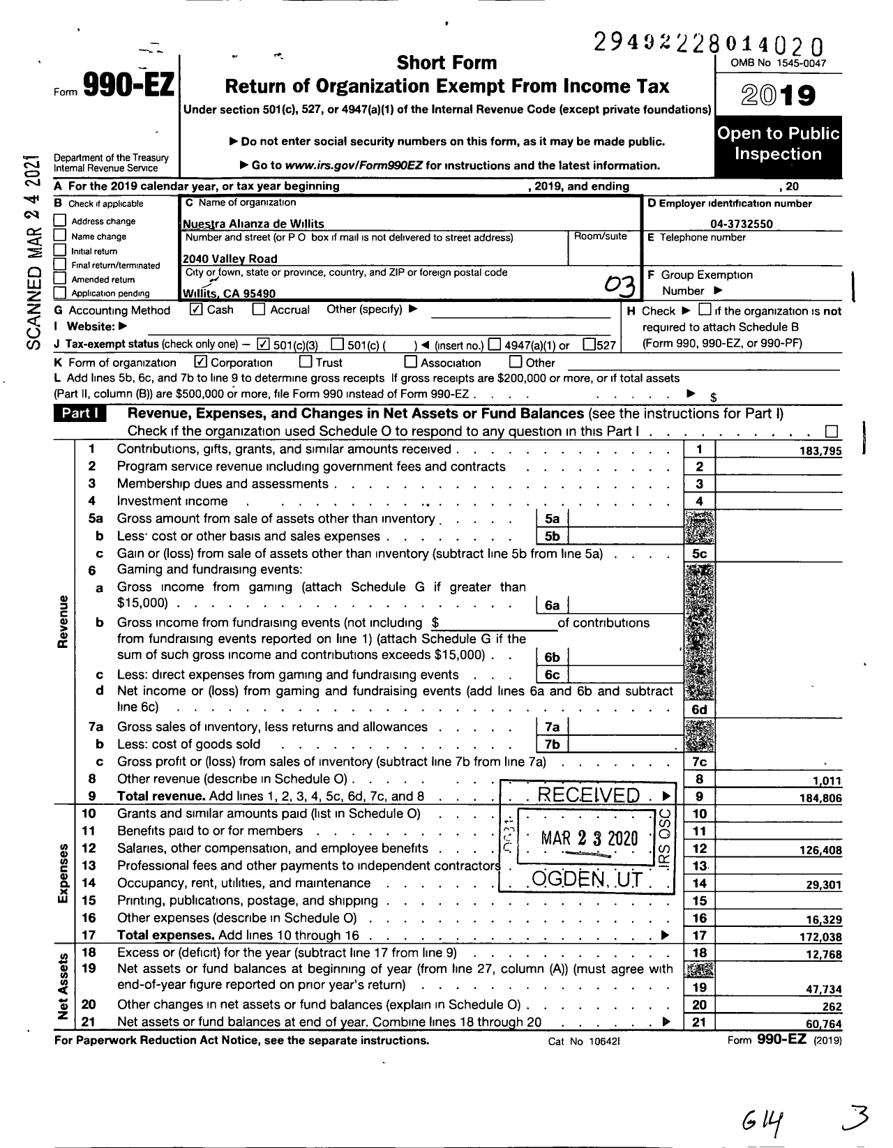 Image of first page of 2019 Form 990EZ for Nuestra Alianza de Willits