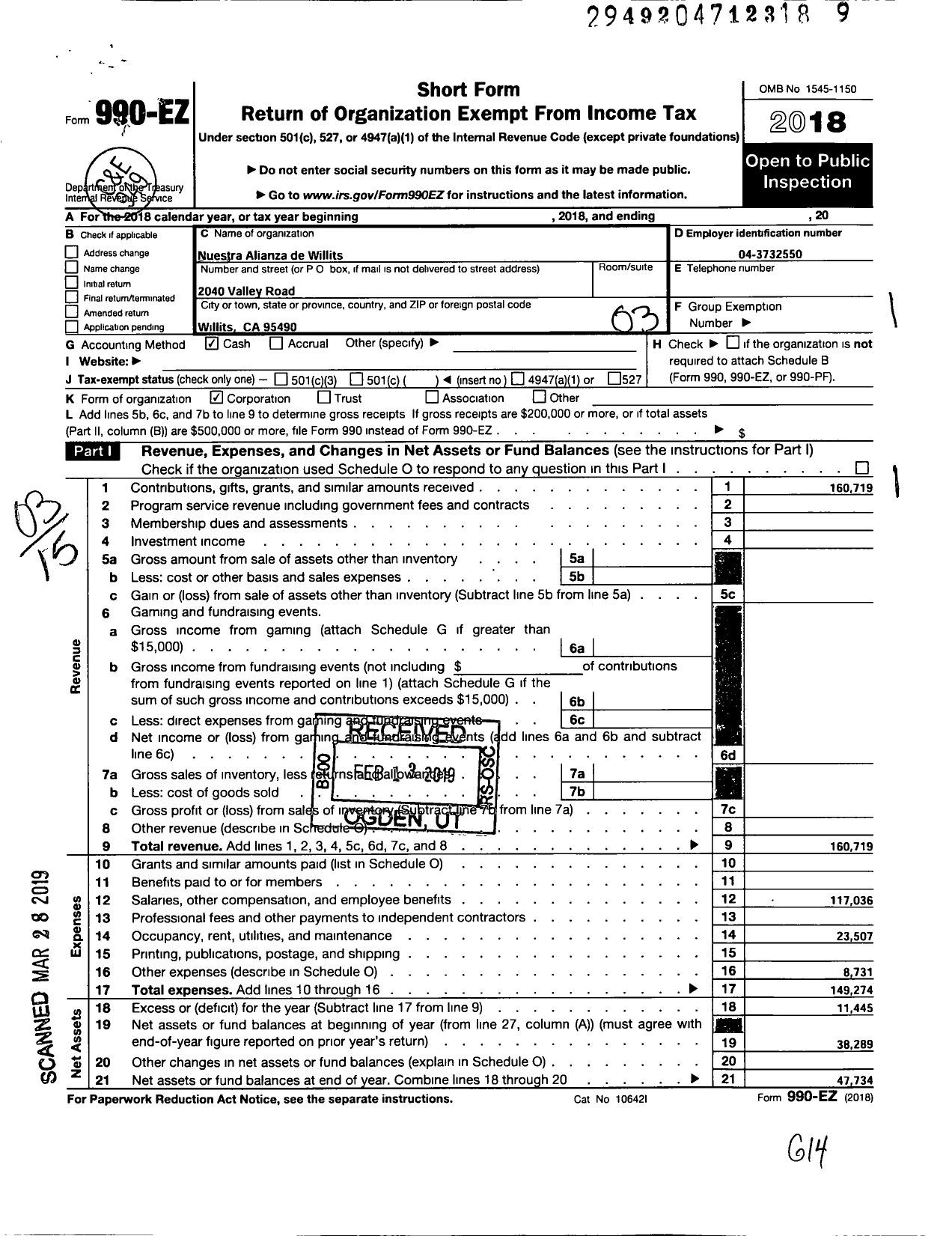 Image of first page of 2018 Form 990EZ for Nuestra Alianza de Willits