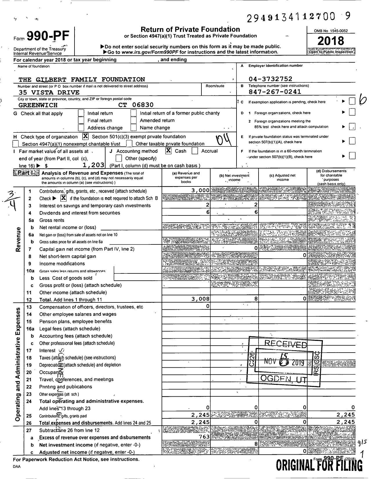 Image of first page of 2018 Form 990PF for The Gilbert Family Foundation