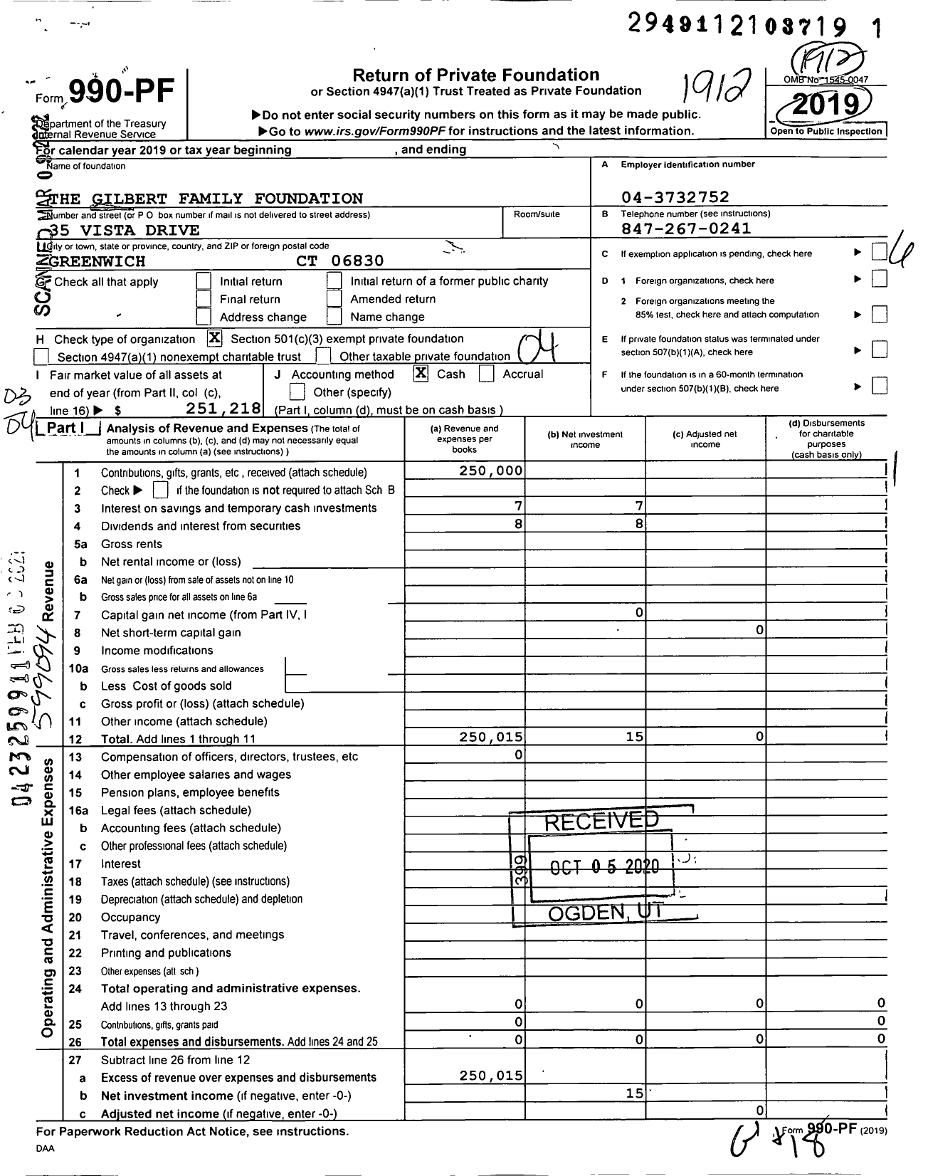 Image of first page of 2019 Form 990PF for The Gilbert Family Foundation