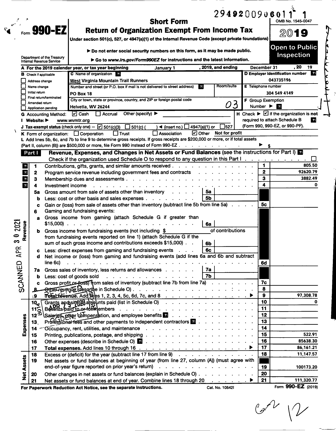 Image of first page of 2019 Form 990EZ for West Virginia Mountain Trail Runners