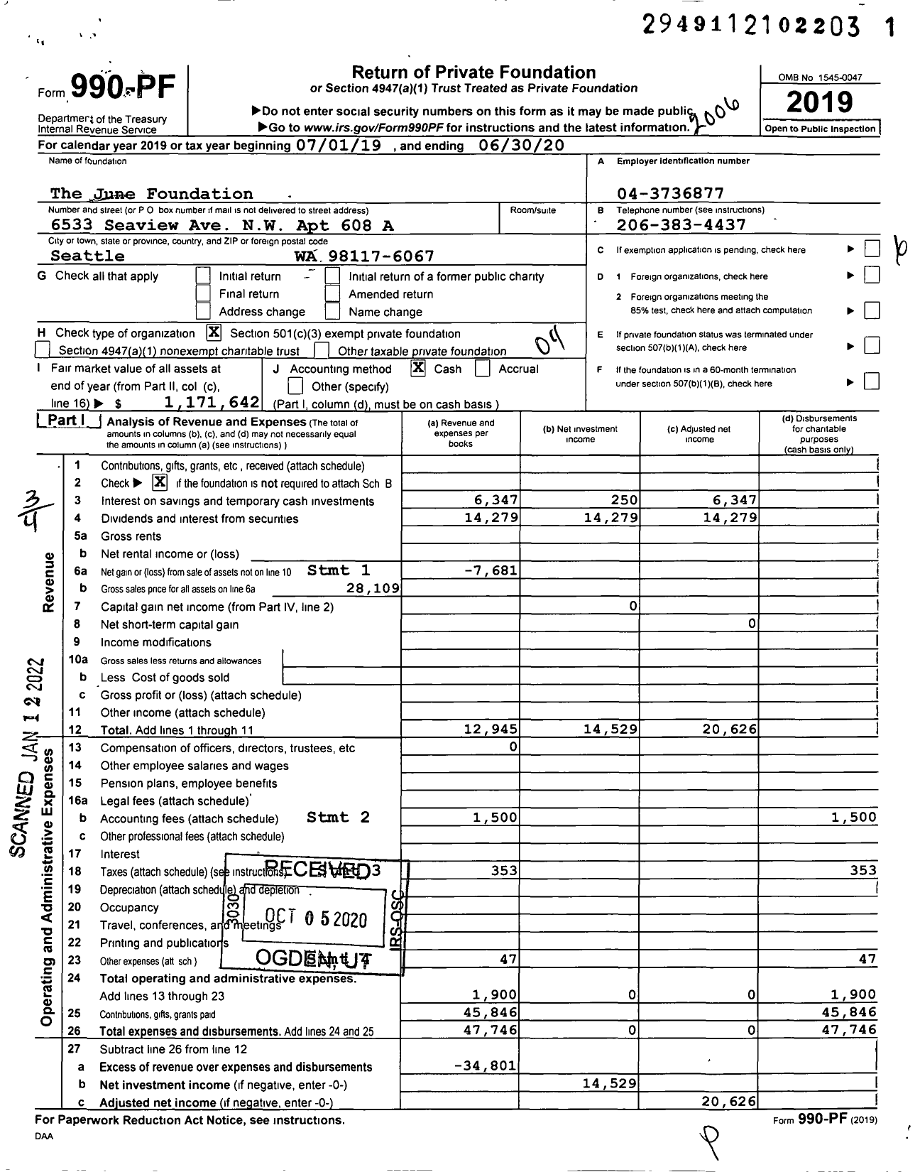 Image of first page of 2019 Form 990PF for The June Foundation