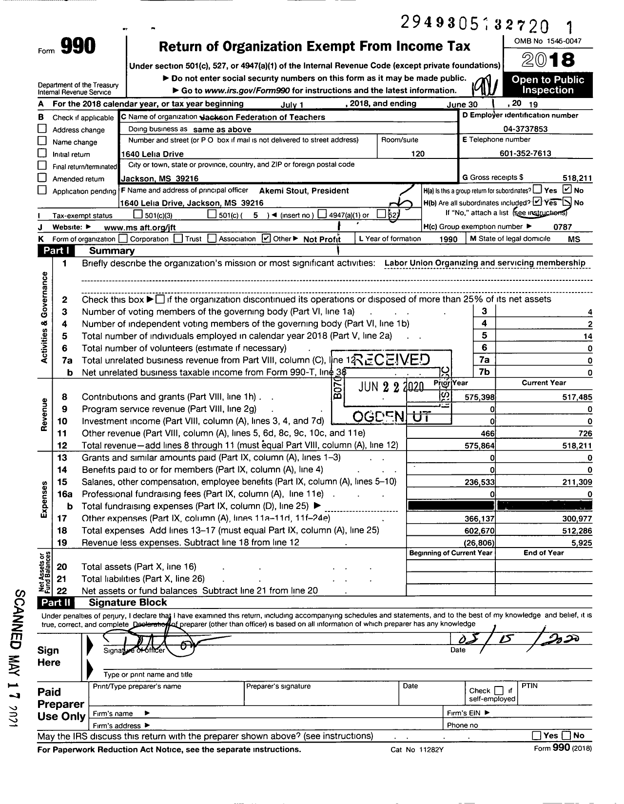 Image of first page of 2018 Form 990O for American Federation of Teachers - Jackson Federation of Teachers Aft Local 4402