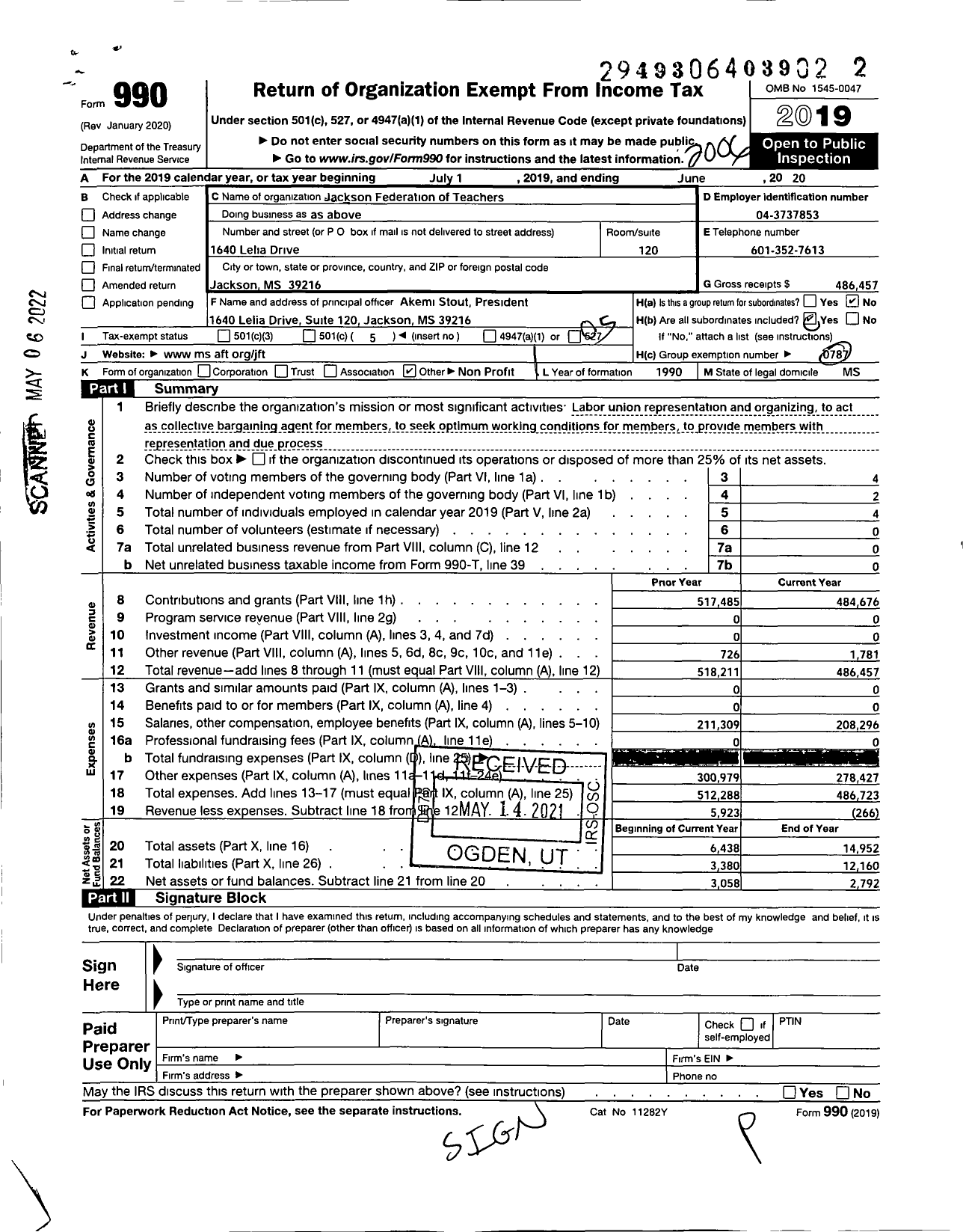 Image of first page of 2019 Form 990O for American Federation of Teachers - Jackson Federation of Teachers Aft Local 4402