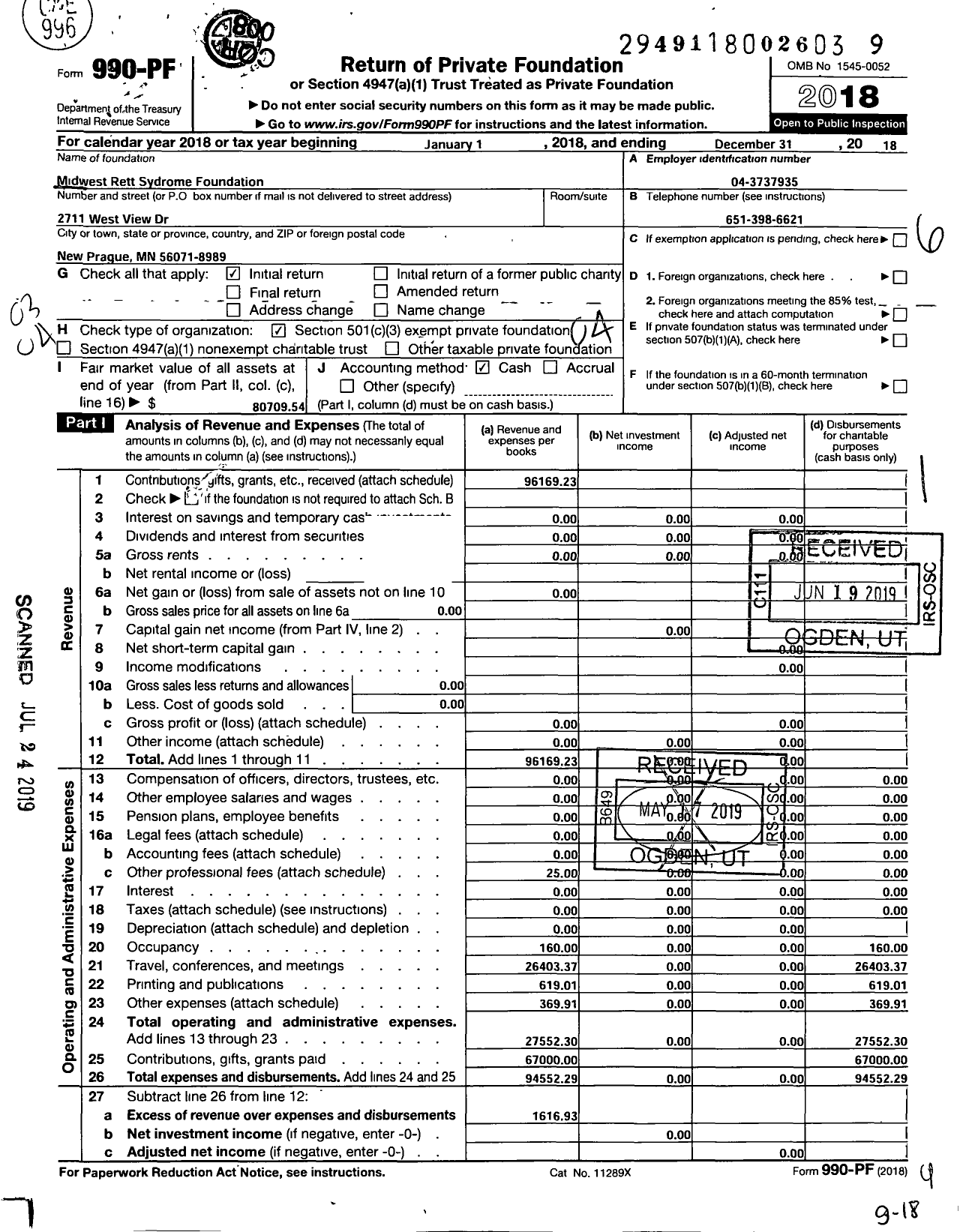 Image of first page of 2018 Form 990PF for Midwest Rett Syndrome Foundation