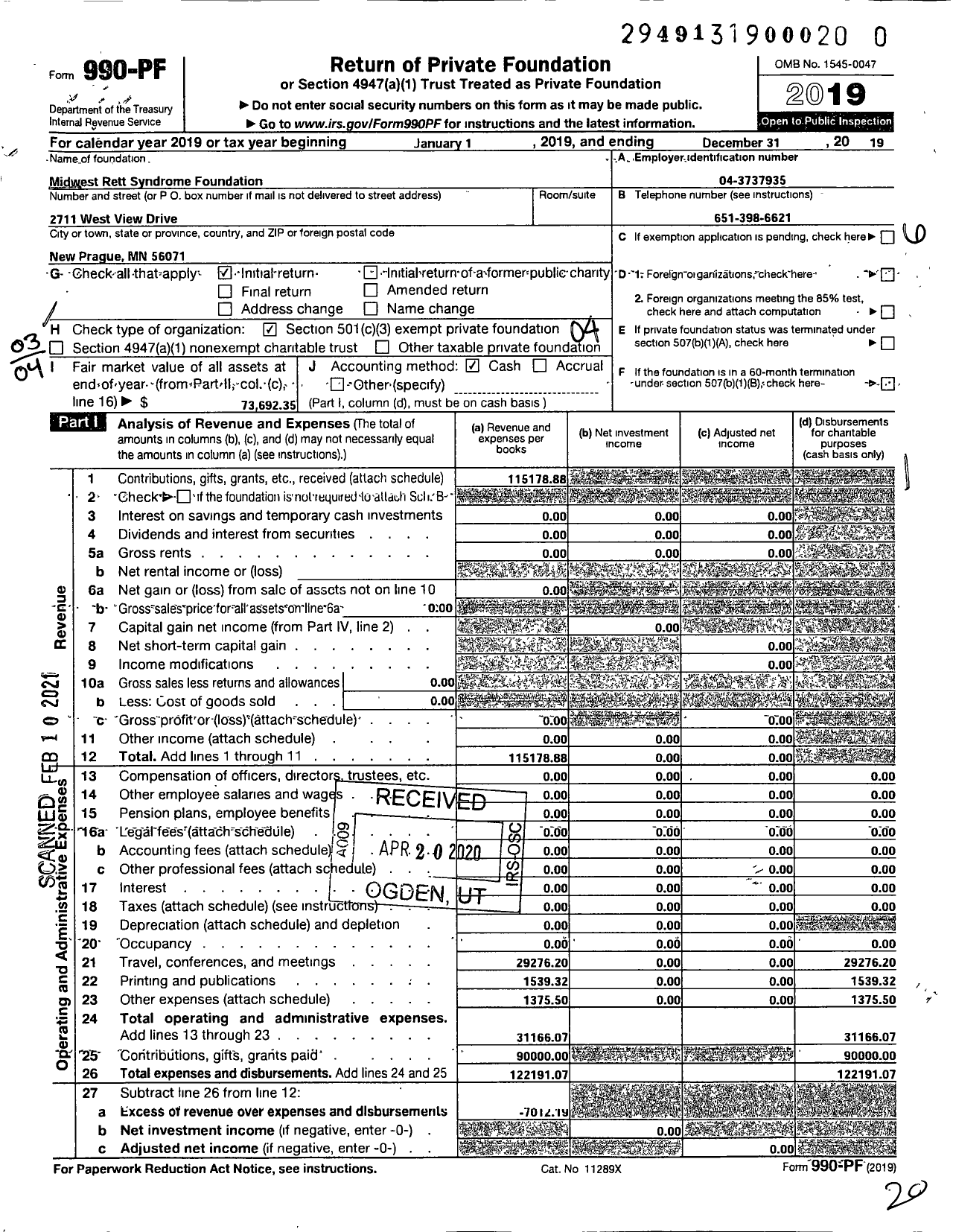 Image of first page of 2019 Form 990PF for Midwest Rett Syndrome Foundation