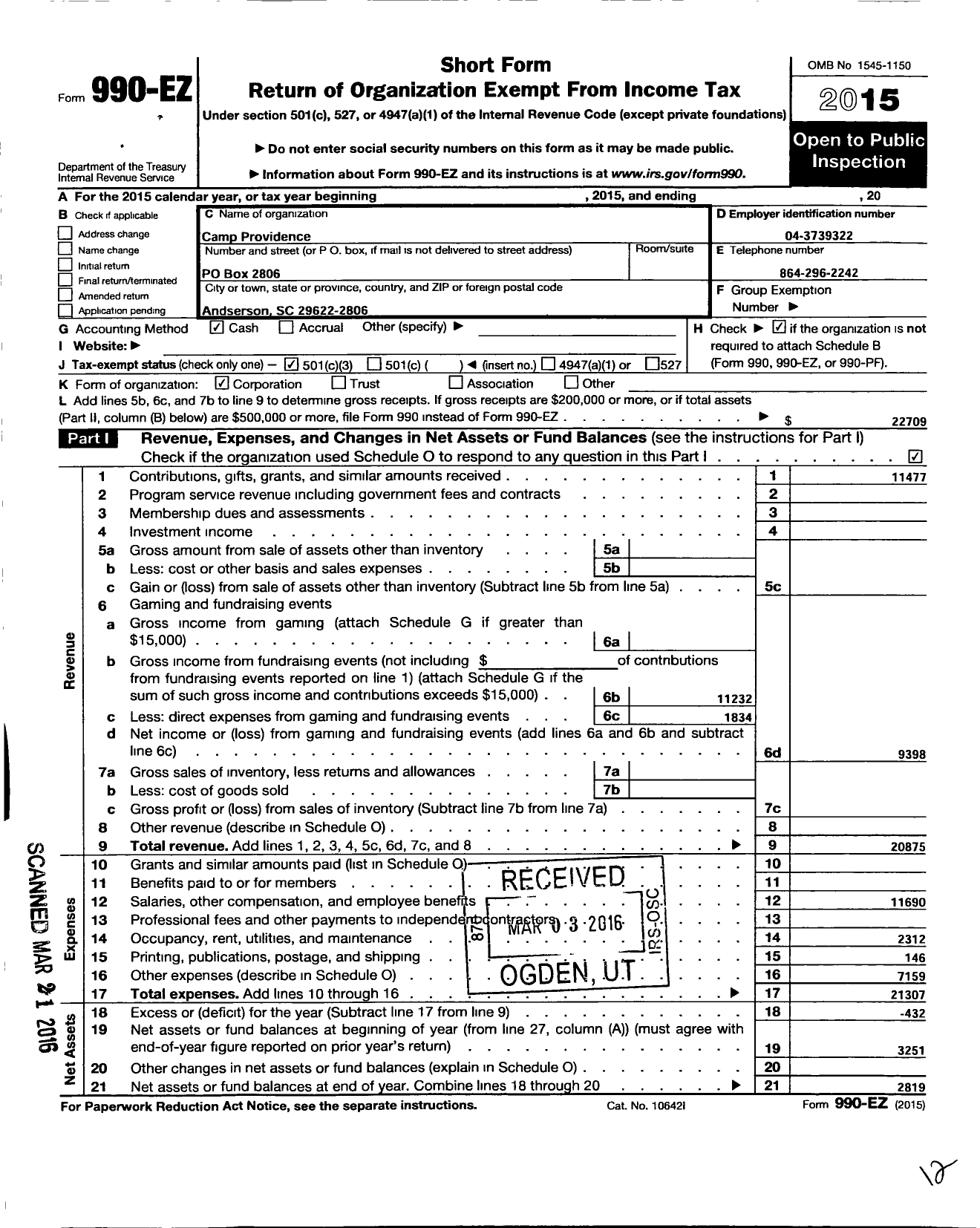 Image of first page of 2015 Form 990EZ for Camp Providence