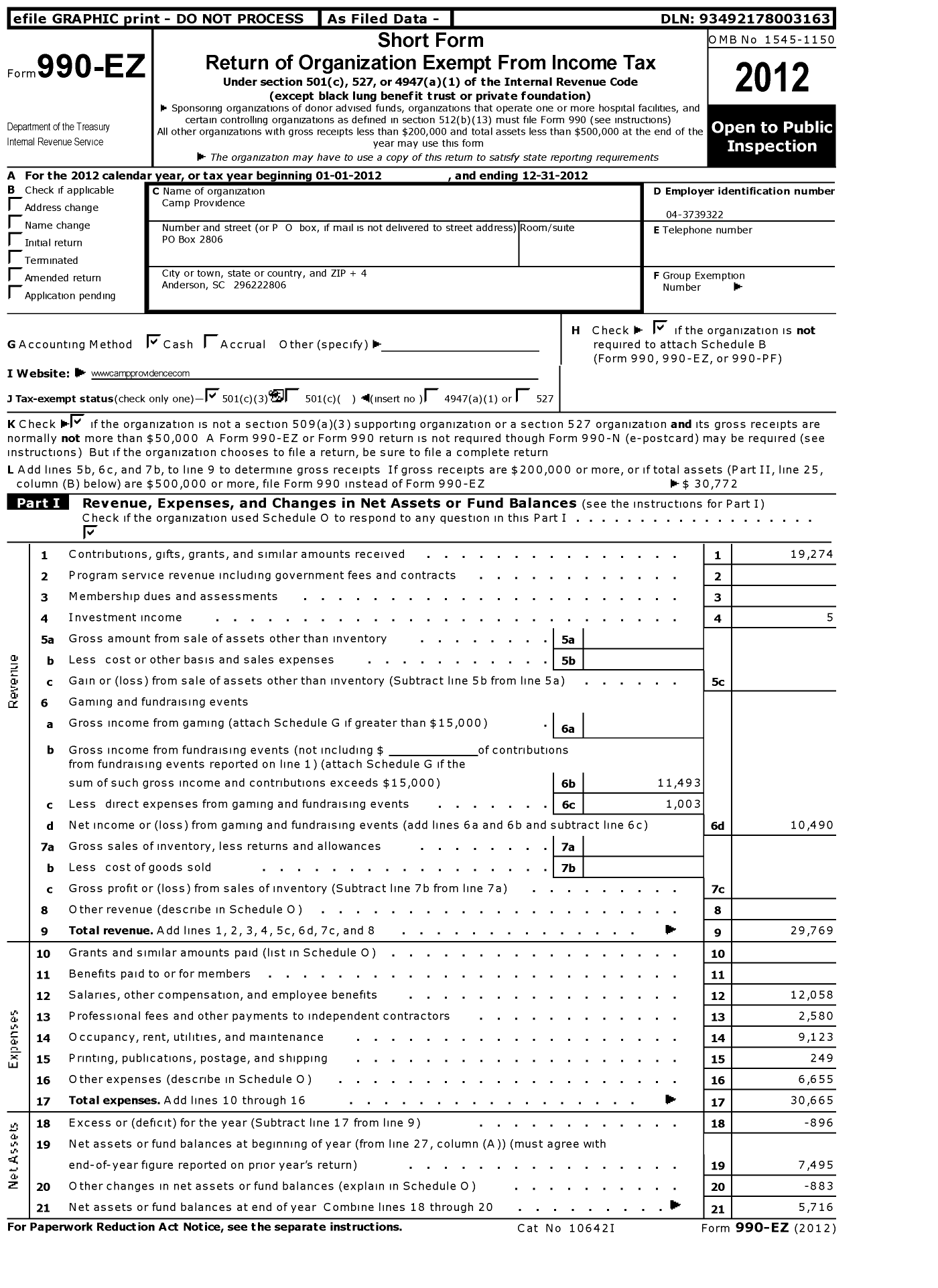 Image of first page of 2012 Form 990EZ for Camp Providence