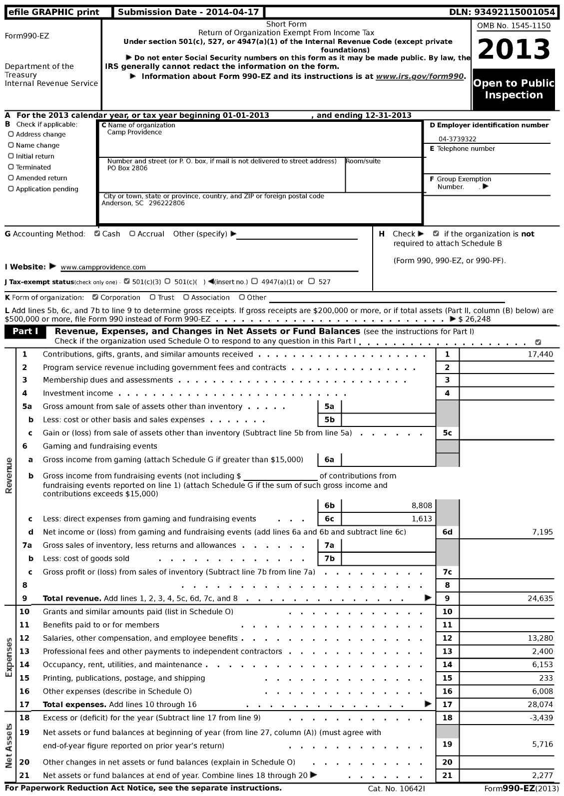 Image of first page of 2013 Form 990EZ for Camp Providence