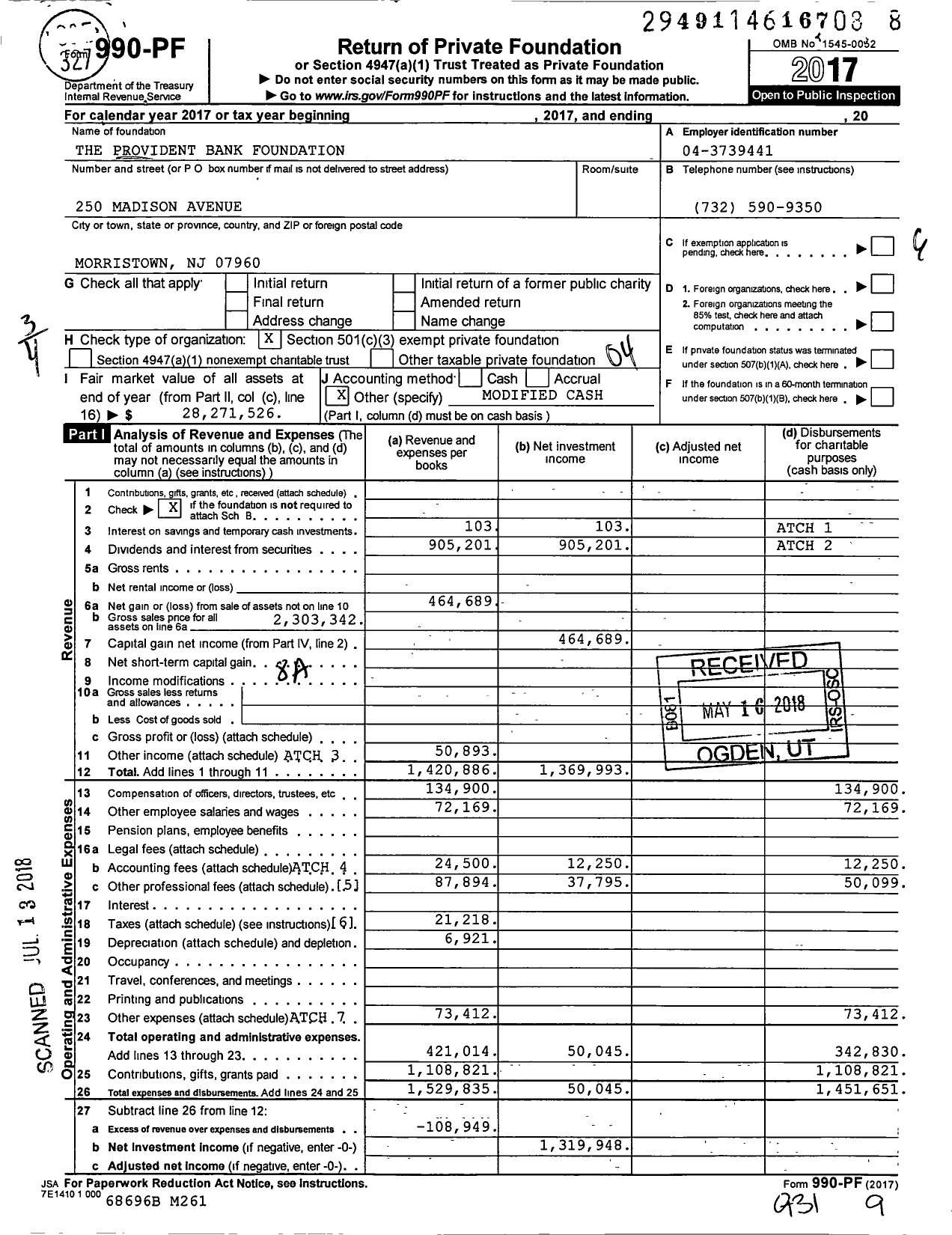 Image of first page of 2017 Form 990PF for The Provident Bank Foundation