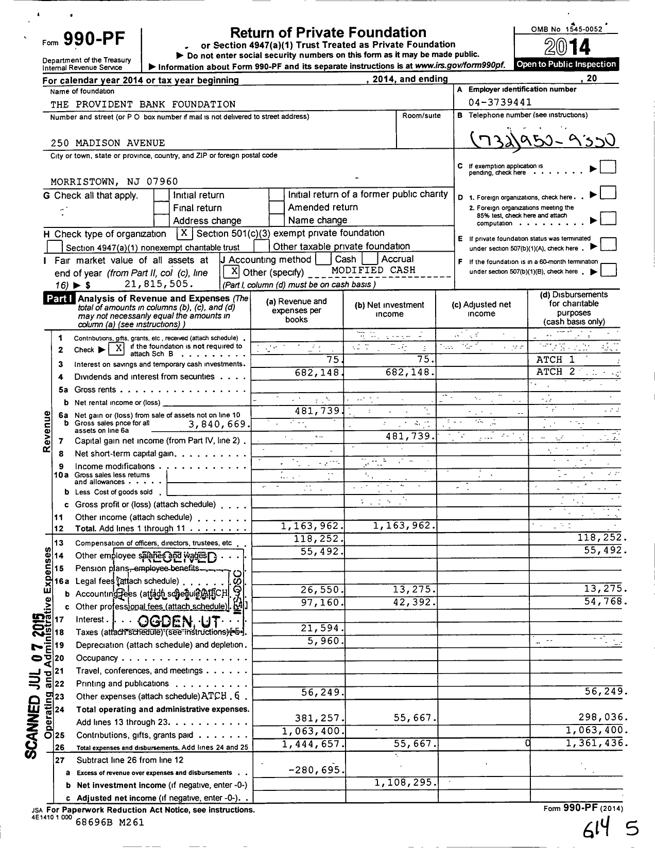 Image of first page of 2014 Form 990PF for The Provident Bank Foundation