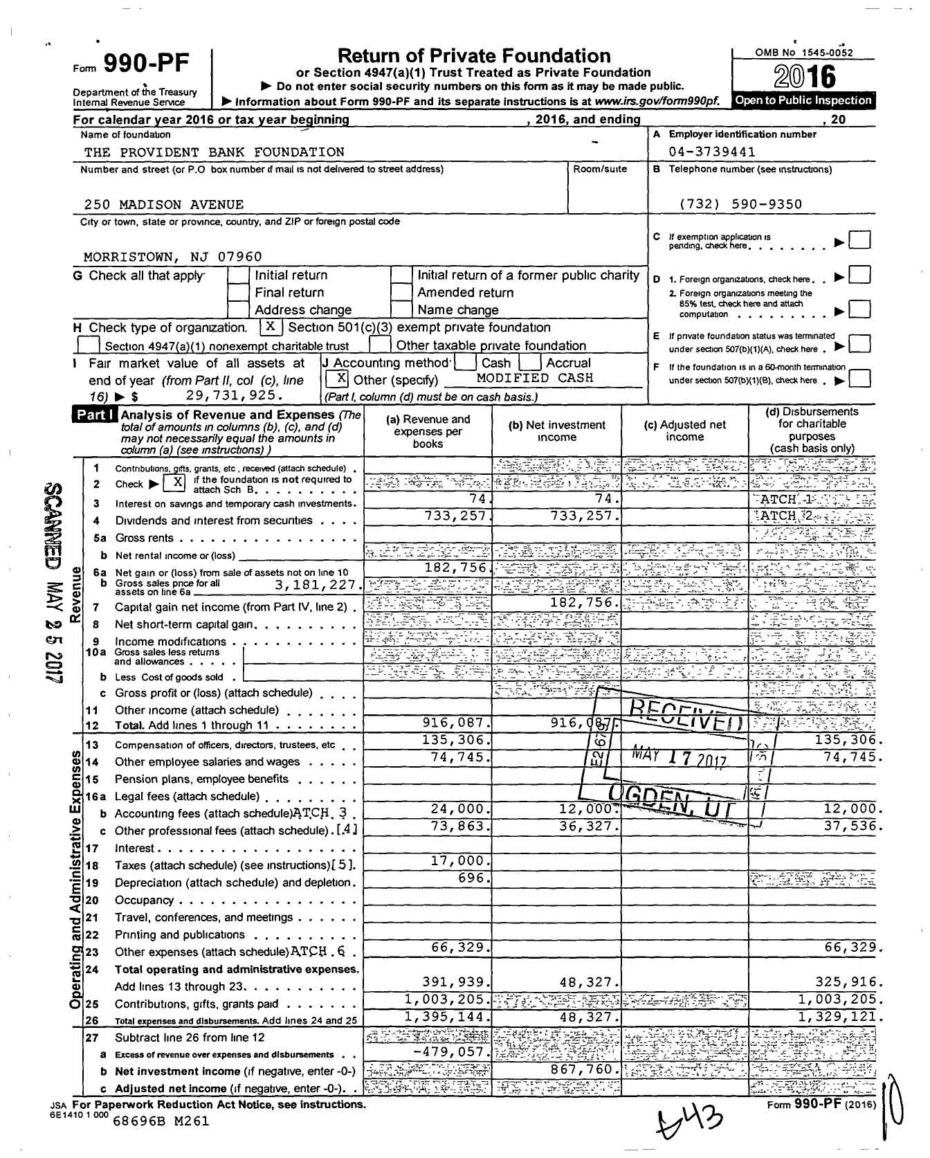 Image of first page of 2016 Form 990PF for The Provident Bank Foundation