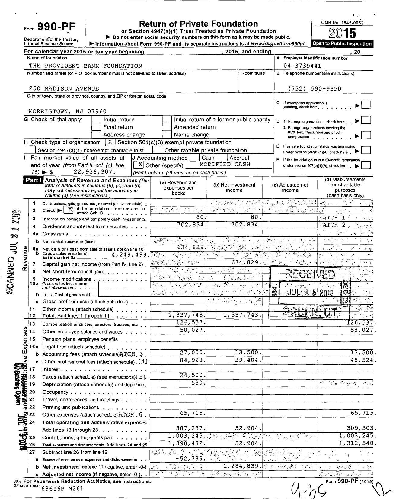 Image of first page of 2015 Form 990PF for The Provident Bank Foundation