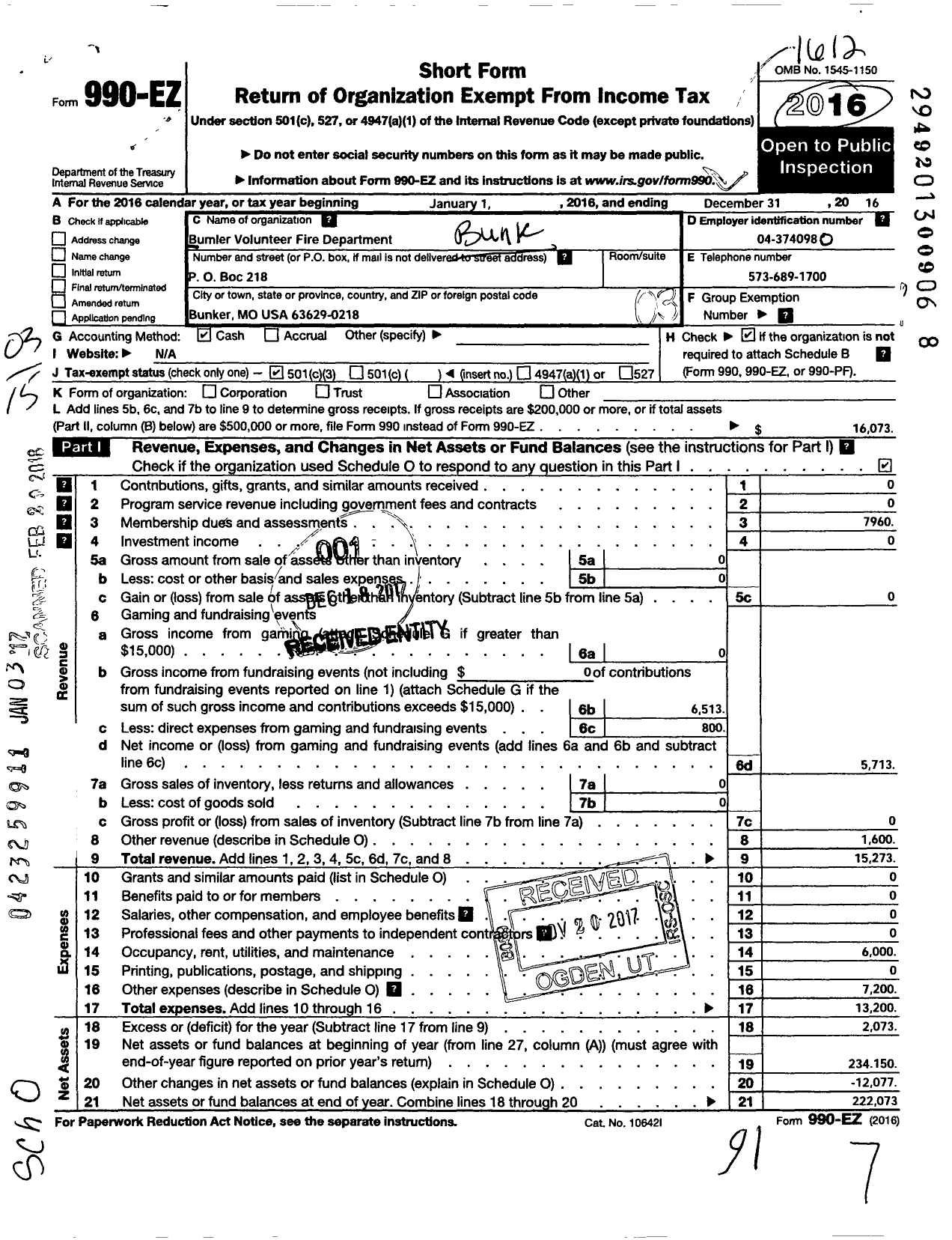 Image of first page of 2016 Form 990EZ for Bunker Volunteer Fire Department