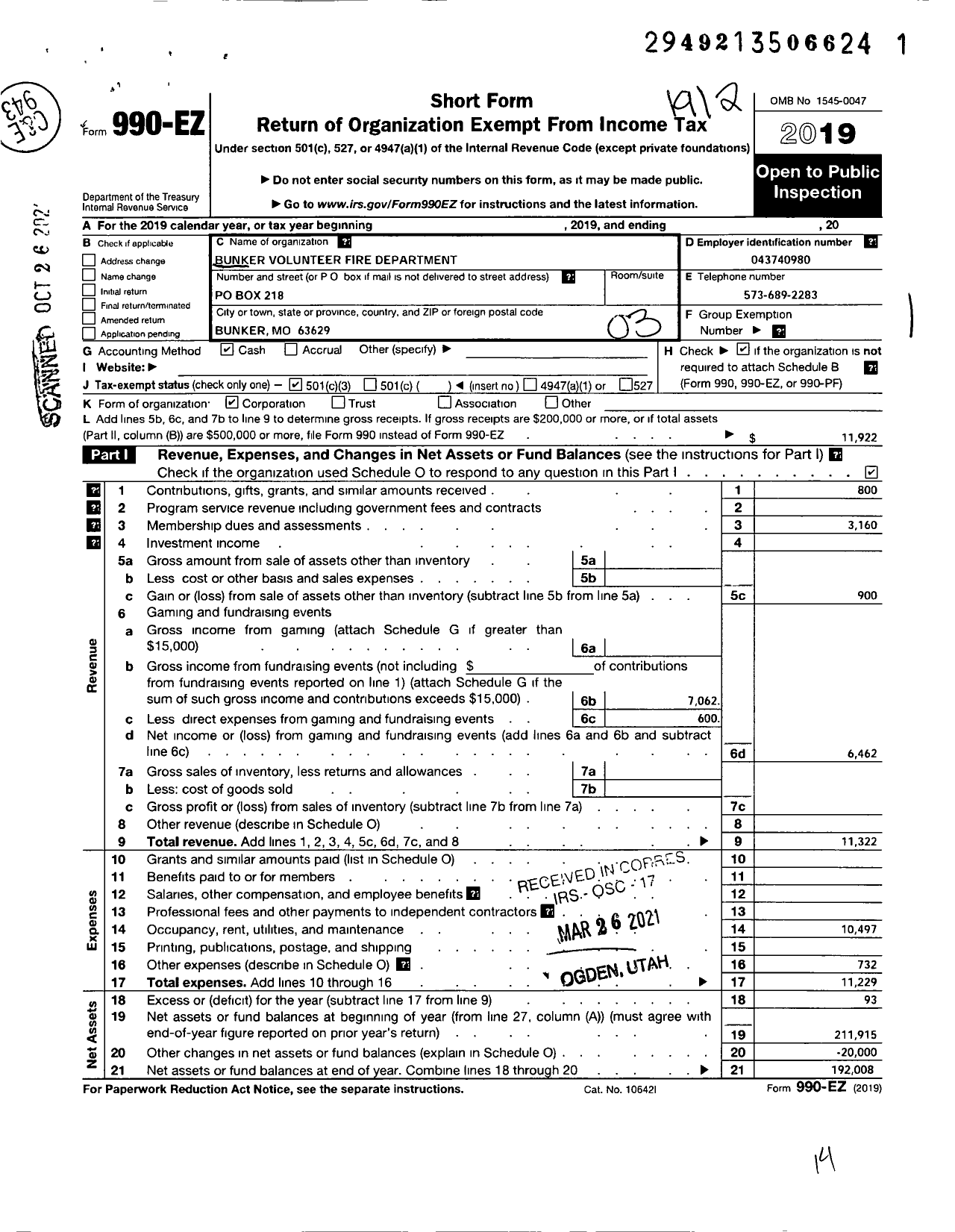 Image of first page of 2019 Form 990EZ for Bunker Volunteer Fire Department