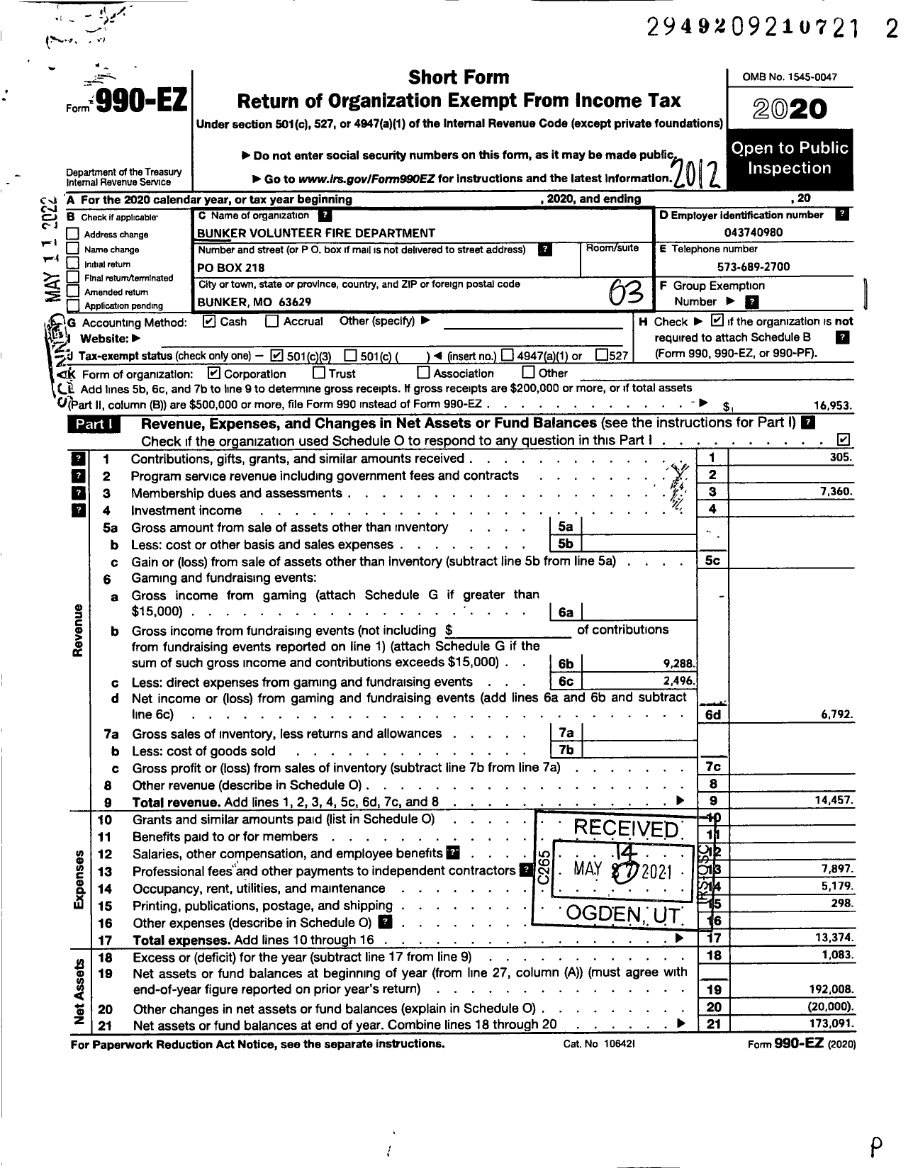 Image of first page of 2020 Form 990EZ for Bunker Volunteer Fire Department