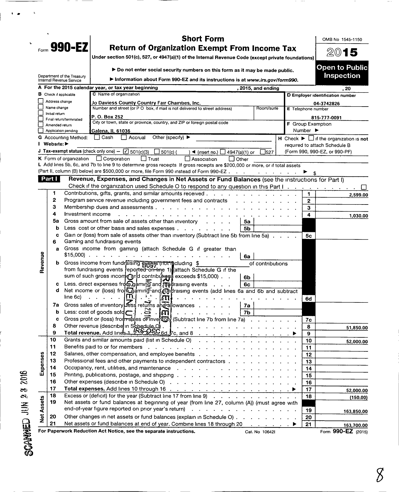 Image of first page of 2015 Form 990EZ for Jo Daviess County Country Fair Charities